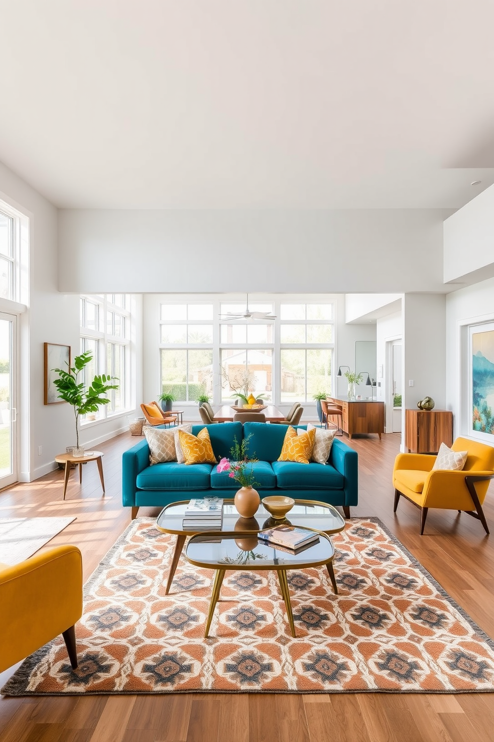 Open floor plan featuring a spacious family room with large windows allowing natural light to flood the space. The walls are painted in a soft white, while bold accent colors like teal and mustard yellow are used in the furniture and decor. A plush sectional sofa in a deep teal sits in the center, surrounded by geometric patterned area rugs. Mid-Century Modern coffee tables with tapered legs and brass accents complement the vibrant color scheme, creating a warm and inviting atmosphere.