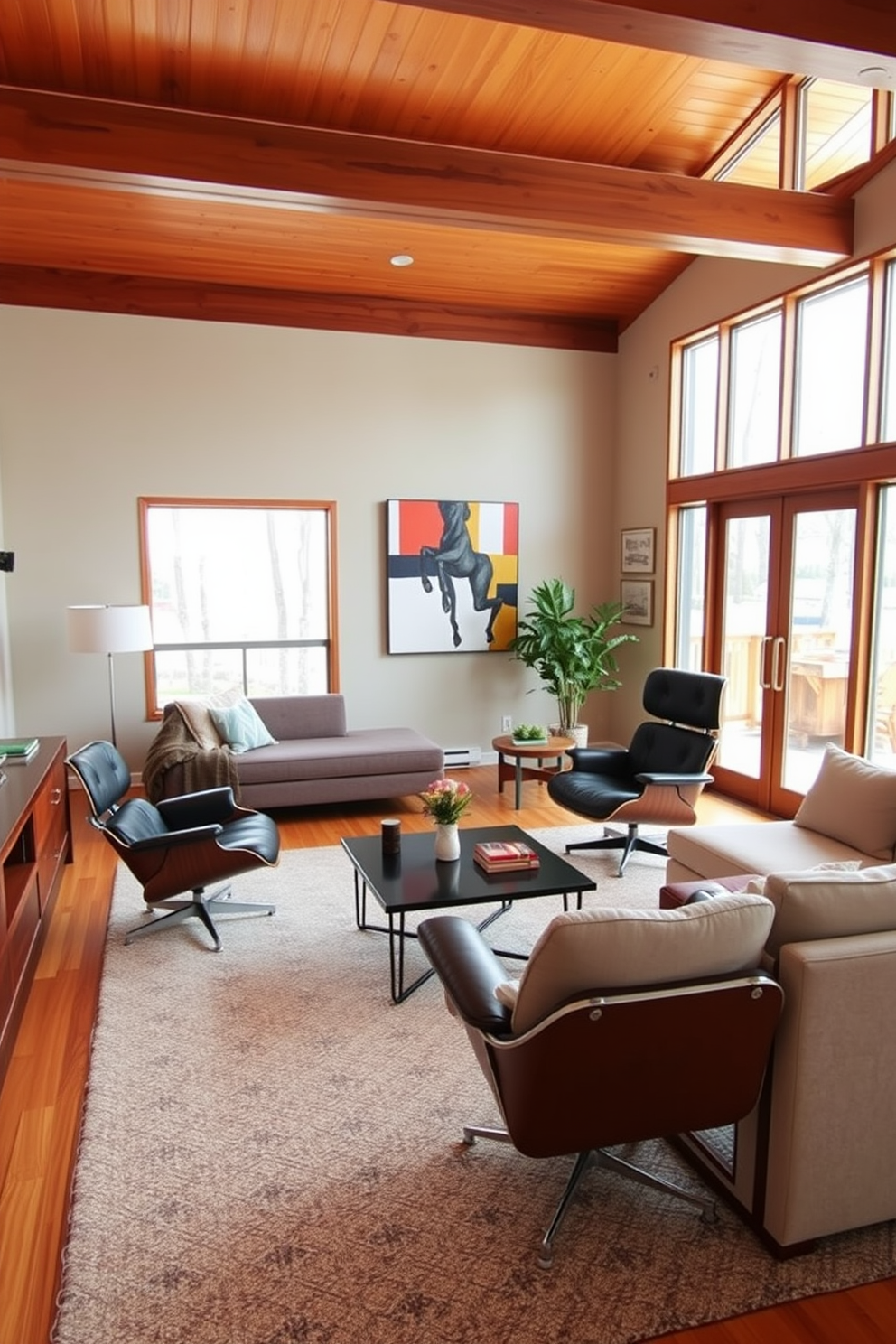 A stylish family room featuring Eames chairs as the focal seating pieces. The space is adorned with warm wood tones, a cozy area rug, and a sleek coffee table at the center. Large windows allow natural light to flood the room, highlighting the clean lines and vibrant colors typical of Mid-Century Modern design. A statement art piece hangs on the wall, complementing the overall aesthetic and inviting conversation.