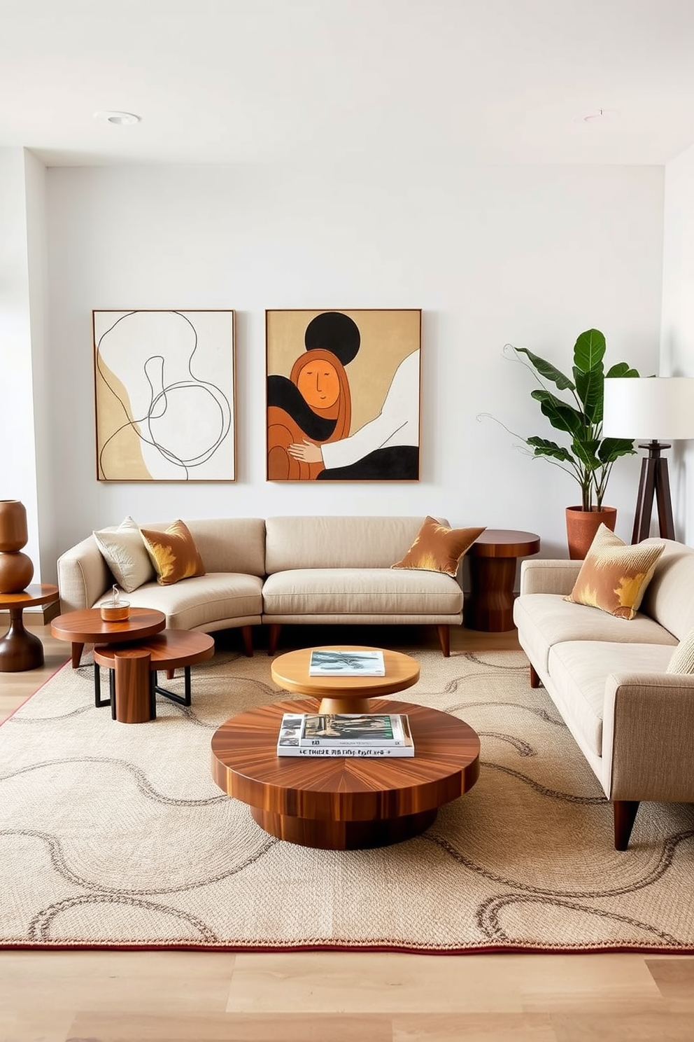 A Mid-Century Modern family room featuring a plush velvet sofa in a rich jewel tone paired with a boucle accent chair. The room is adorned with a geometric area rug, a sleek wooden coffee table, and vibrant artwork that complements the warm wood tones of the furniture. Natural light floods the space through large windows, highlighting the clean lines and organic shapes typical of Mid-Century design. A stylish floor lamp and potted plants add a touch of warmth and life to the inviting atmosphere.