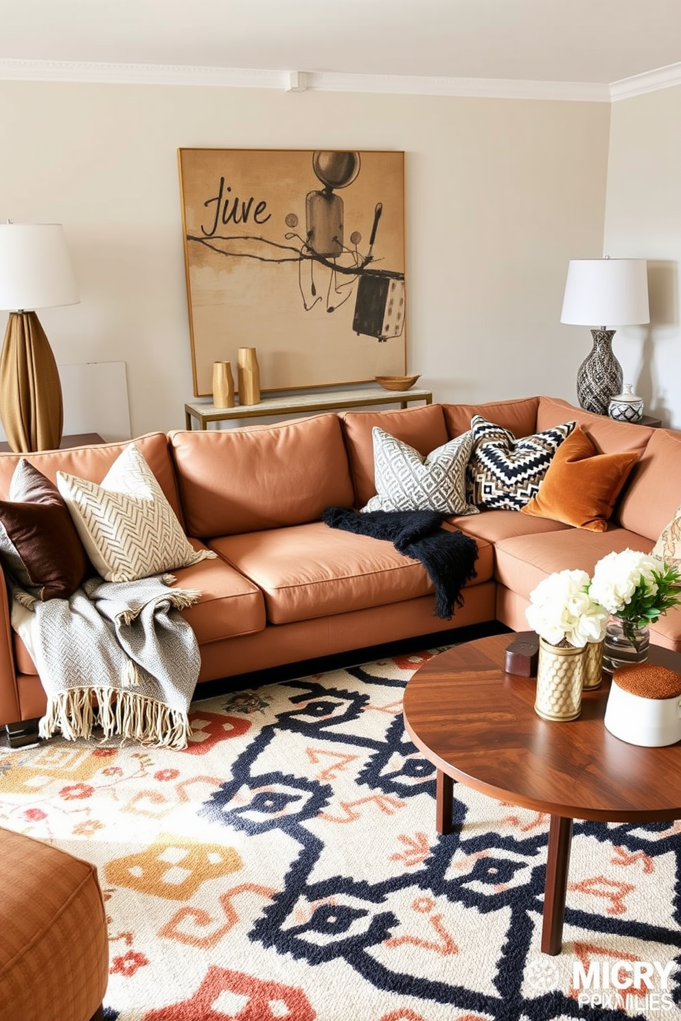 A stylish Mid-Century Modern family room features sculptural floor lamps that add flair and sophistication to the space. The room is adorned with a mix of rich wood tones and vibrant textiles, creating a warm and inviting atmosphere.