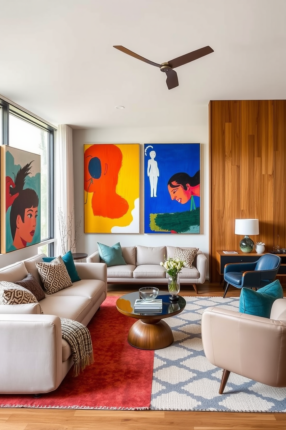 A stylish family room featuring a blend of vintage and modern furniture pieces. The space includes a mid-century modern sofa paired with a contemporary coffee table, creating a harmonious contrast. Warm wood tones dominate the room, complemented by colorful accent chairs that add a playful touch. Large windows allow natural light to flood in, highlighting the eclectic decor and artwork on the walls.