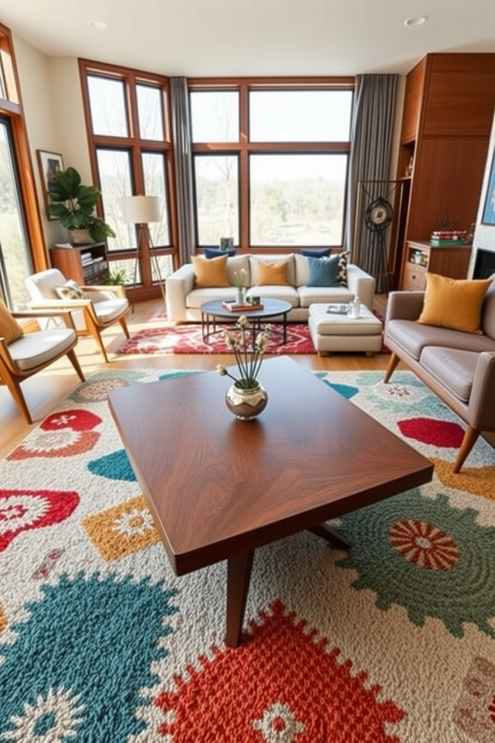 A stylish mid-century coffee table with a unique geometric design sits at the center of the room. Its rich walnut finish contrasts beautifully with a plush area rug featuring bold colors and patterns. The family room is designed with mid-century modern furnishings, including a sleek sectional sofa and minimalist accent chairs. Large windows allow natural light to flood the space, highlighting the warm wood tones and vibrant decor.