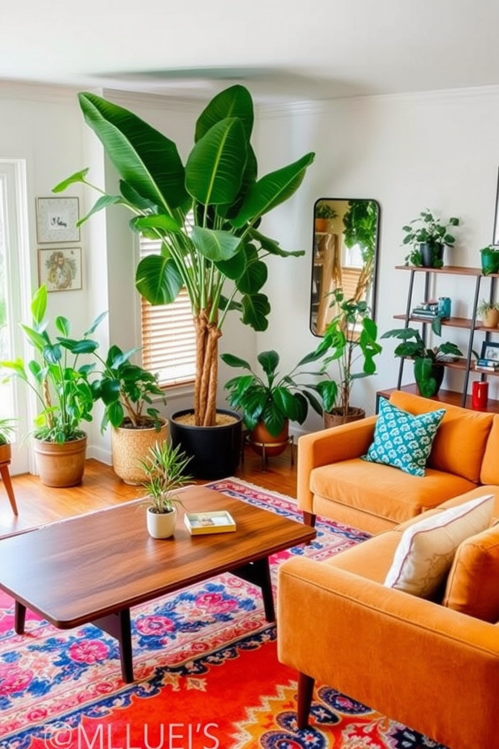 A stylish family room featuring Mid-Century Modern furniture. A large sectional sofa in a warm tone is paired with a sleek wooden coffee table and a vibrant area rug. Lush indoor plants are strategically placed throughout the space. A tall fiddle leaf fig stands in the corner, and smaller potted plants adorn the shelves and side tables.