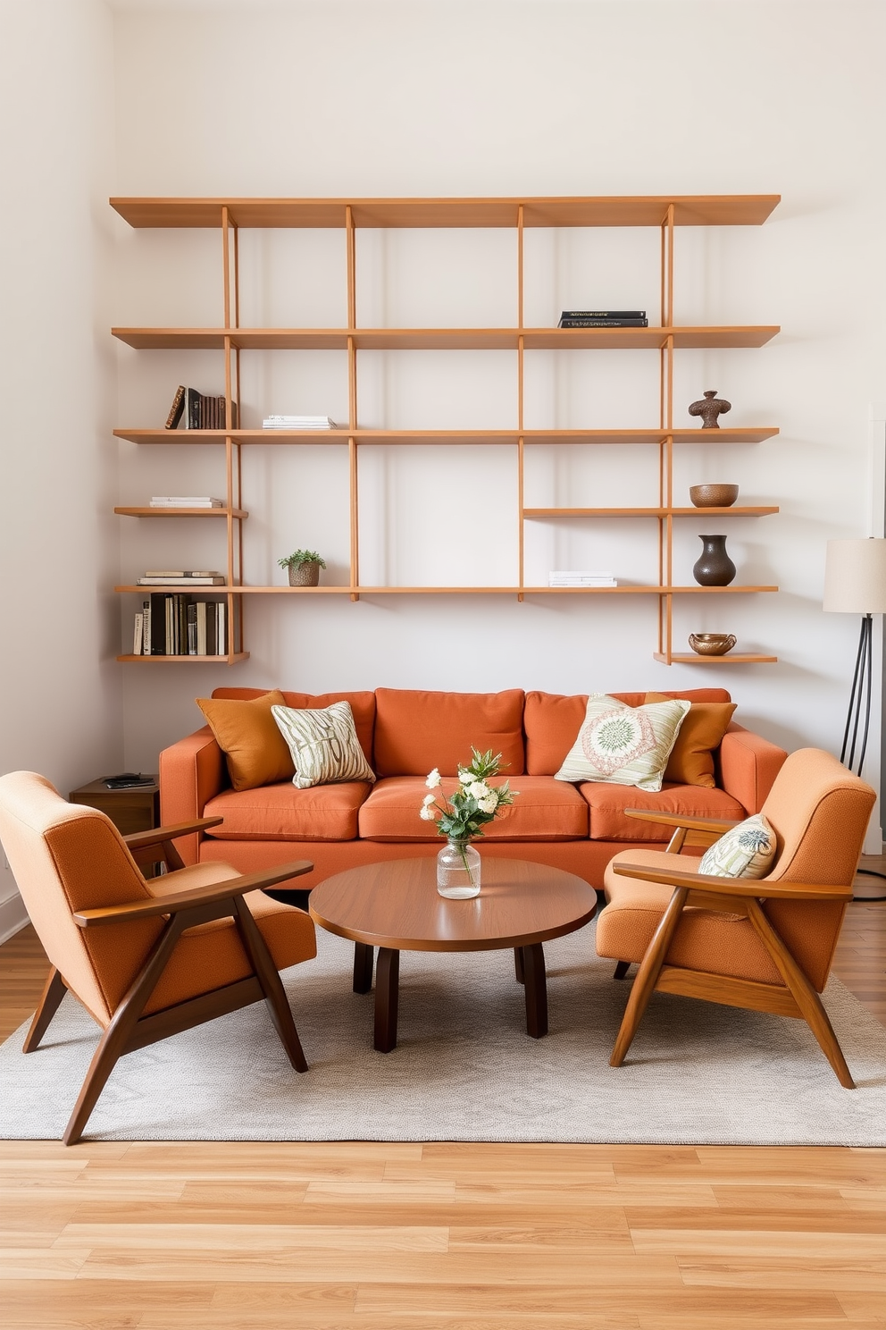 A functional shelving unit designed with a minimalist approach. The shelves are made of light wood and are arranged asymmetrically against a soft white wall. Mid-Century Modern family room design featuring a cozy sectional sofa in a warm hue. A round wooden coffee table sits in the center, surrounded by vintage accent chairs and a geometric area rug.