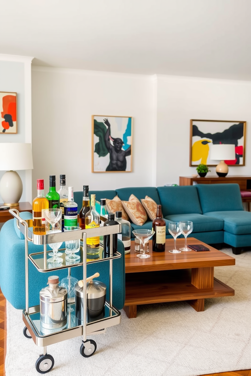 A stylish bar cart is set against a backdrop of a vibrant living room. The cart features a sleek metallic frame with a glass top and is adorned with an assortment of colorful spirits and elegant glassware. In a Mid-Century Modern family room, a large sectional sofa in a rich teal fabric anchors the space. The walls are adorned with abstract art, and a walnut coffee table sits atop a geometric patterned rug.