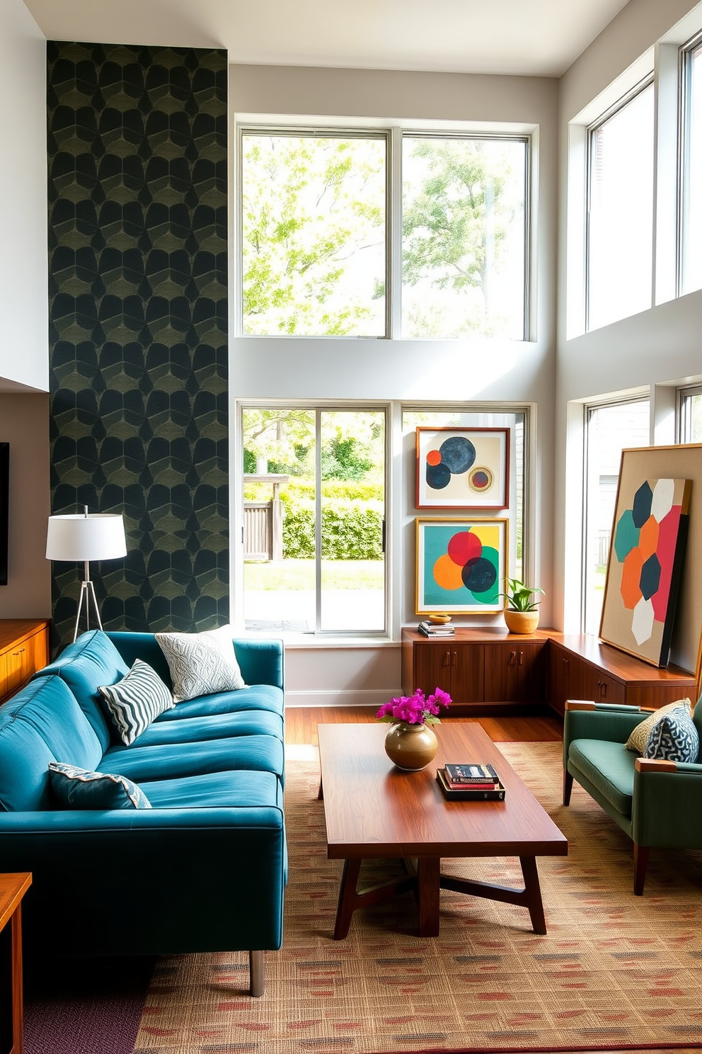 A Mid-Century Modern family room featuring bold wallpaper on an accent wall. The room includes a sleek sectional sofa in a rich teal fabric paired with a vintage wooden coffee table. Large windows allow natural light to flood the space, highlighting the geometric patterns of the wallpaper. A retro floor lamp and colorful abstract art pieces complete the inviting atmosphere.