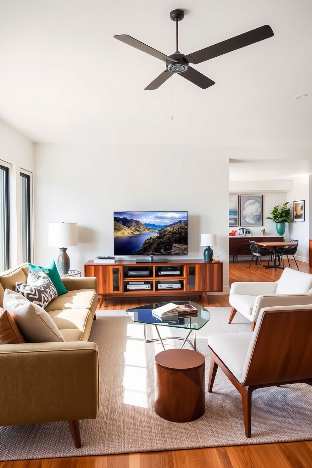 A Mid-Century Modern family room featuring sleek lines in furniture and decor. The space includes a low-profile sofa with tapered wooden legs and a geometric area rug that adds warmth to the hardwood floor. Accent chairs with bold upholstery are strategically placed for conversation. A minimalist coffee table sits at the center, surrounded by vibrant artwork that enhances the room's aesthetic.