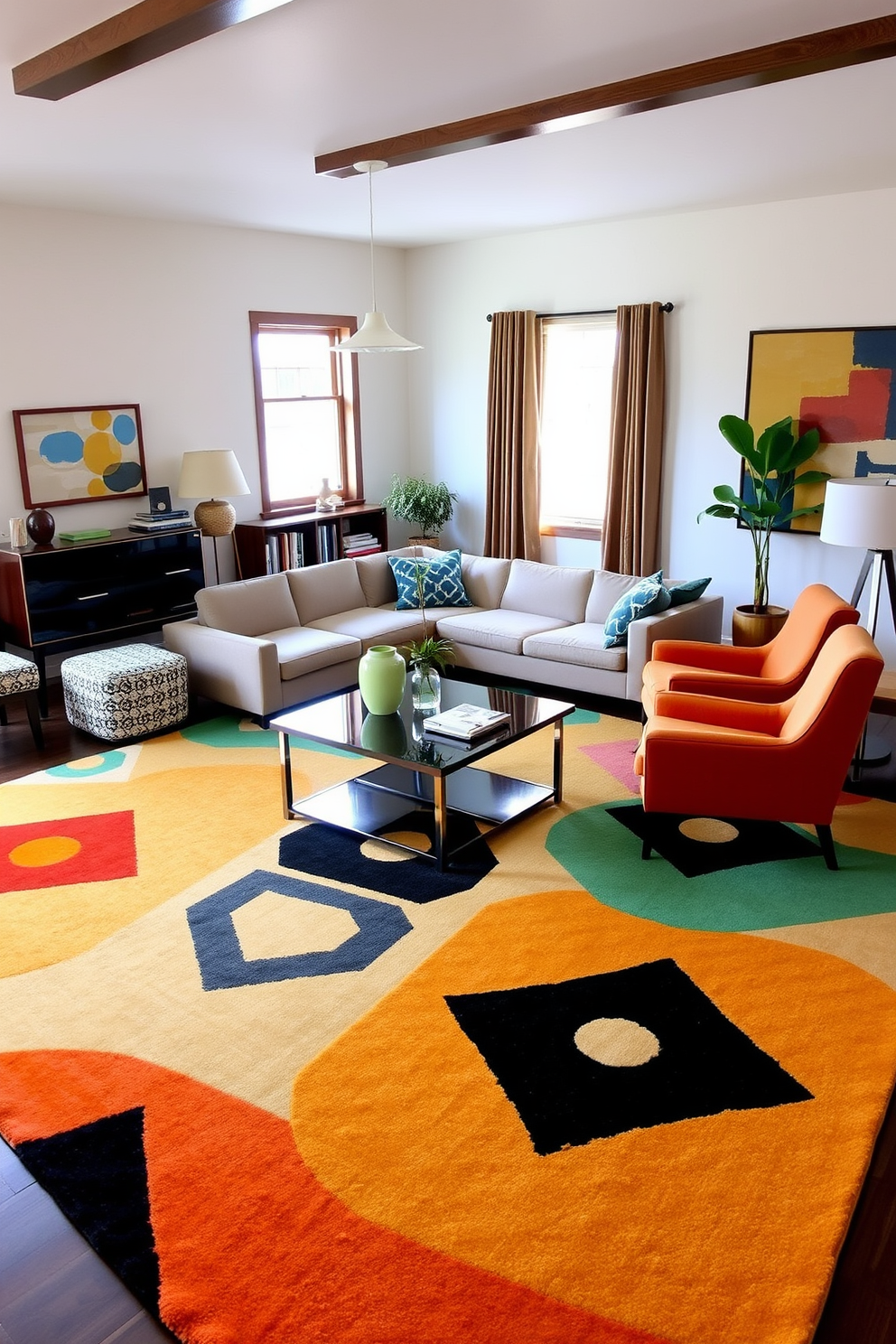 A Mid-Century Modern family room featuring a large area rug adorned with bold geometric patterns. The room includes a sleek sectional sofa in a neutral tone, complemented by a vintage coffee table and vibrant accent chairs.