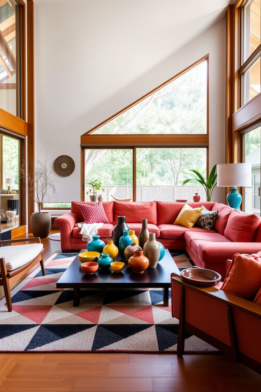 Accent chairs in vibrant hues or patterns create a focal point in a Mid-Century Modern family room. The room features a sleek, low-profile sofa complemented by a geometric area rug that ties together the eclectic color palette.