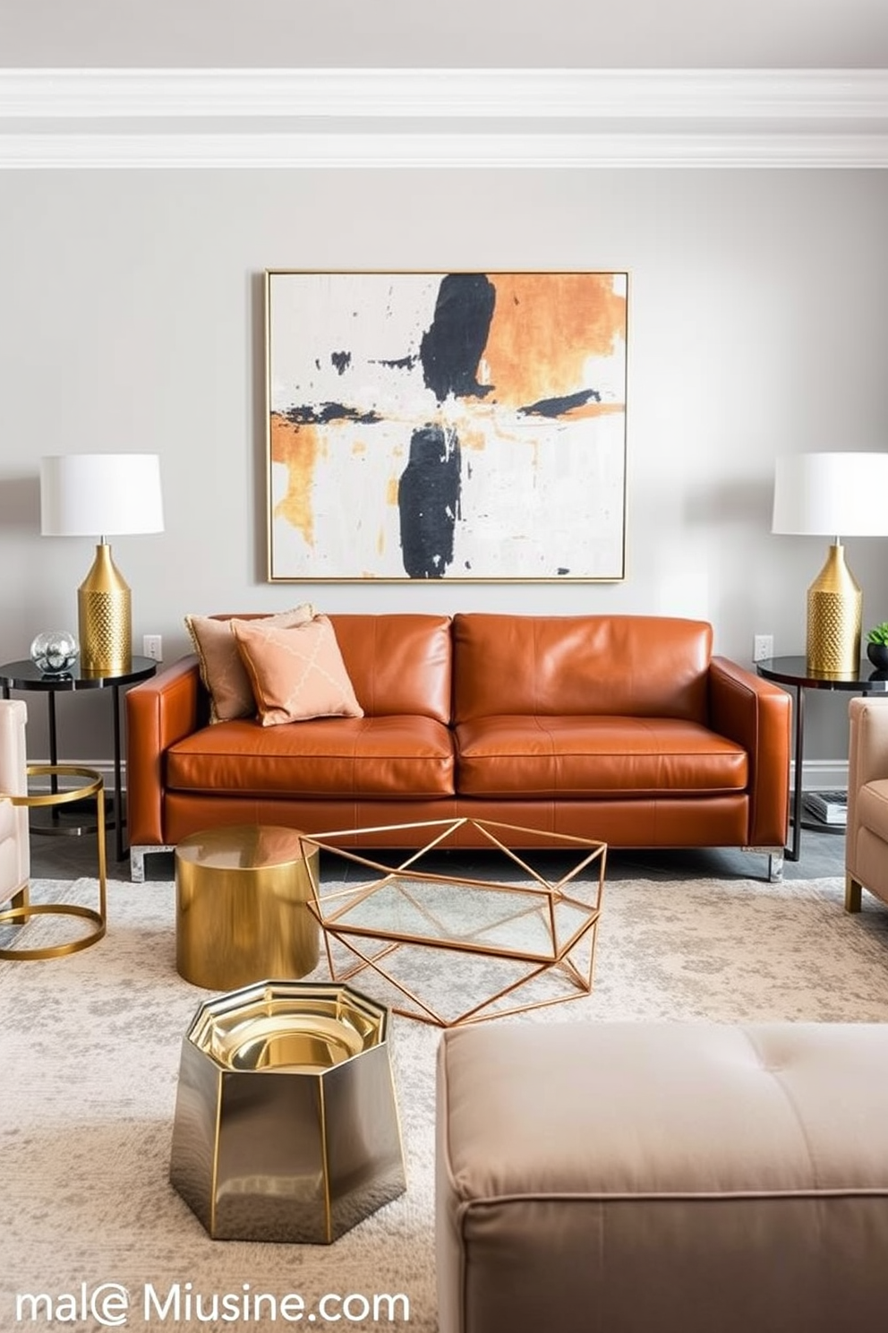 A modern family room featuring a blend of metals throughout the space. The furniture includes a sleek leather sofa paired with brass and chrome accents, creating a stylish contrast. The walls are painted in a soft gray, while a large abstract artwork adds a pop of color. A geometric coffee table sits at the center, surrounded by mixed-metal side tables for added interest.