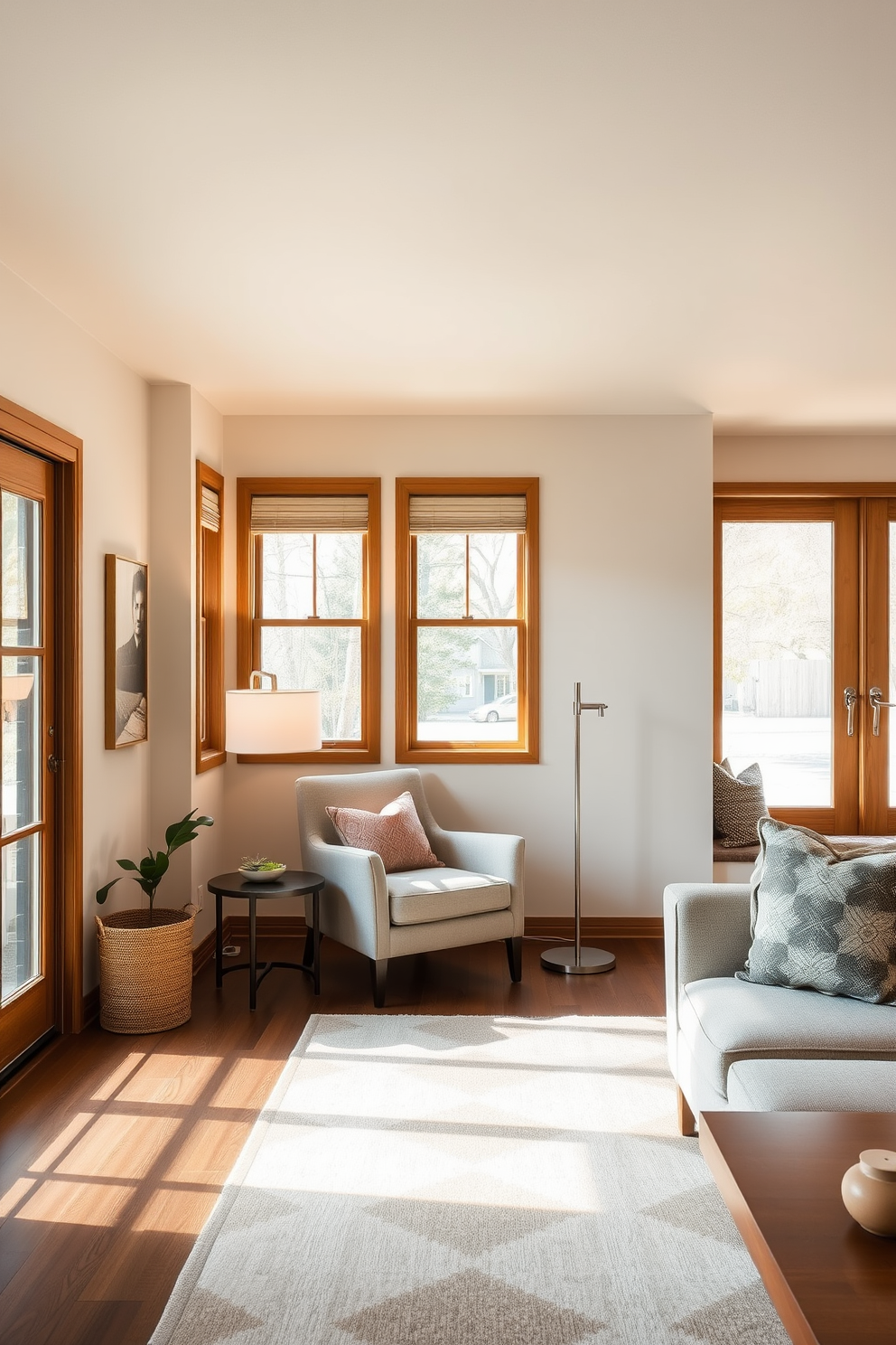 A cozy reading nook featuring a plush armchair in a soft fabric positioned near a large window. A stylish floor lamp with a warm glow illuminates the space, while a small side table holds a stack of books and a steaming cup of tea. A Mid-Century Modern family room showcasing a spacious sectional sofa in a vibrant color. Complementing the sofa are geometric-patterned throw pillows and a sleek coffee table made of wood and glass, surrounded by a mix of vintage and contemporary decor elements.