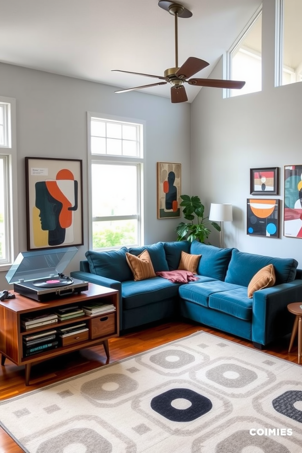 A stylish Mid-Century Modern family room features a plush sectional sofa in a rich teal fabric. A vintage record player sits on a sleek walnut console table, surrounded by an array of colorful vinyl records. The walls are adorned with abstract art pieces that reflect the era's aesthetic. Large windows allow natural light to flood the space, highlighting a geometric area rug that anchors the room.