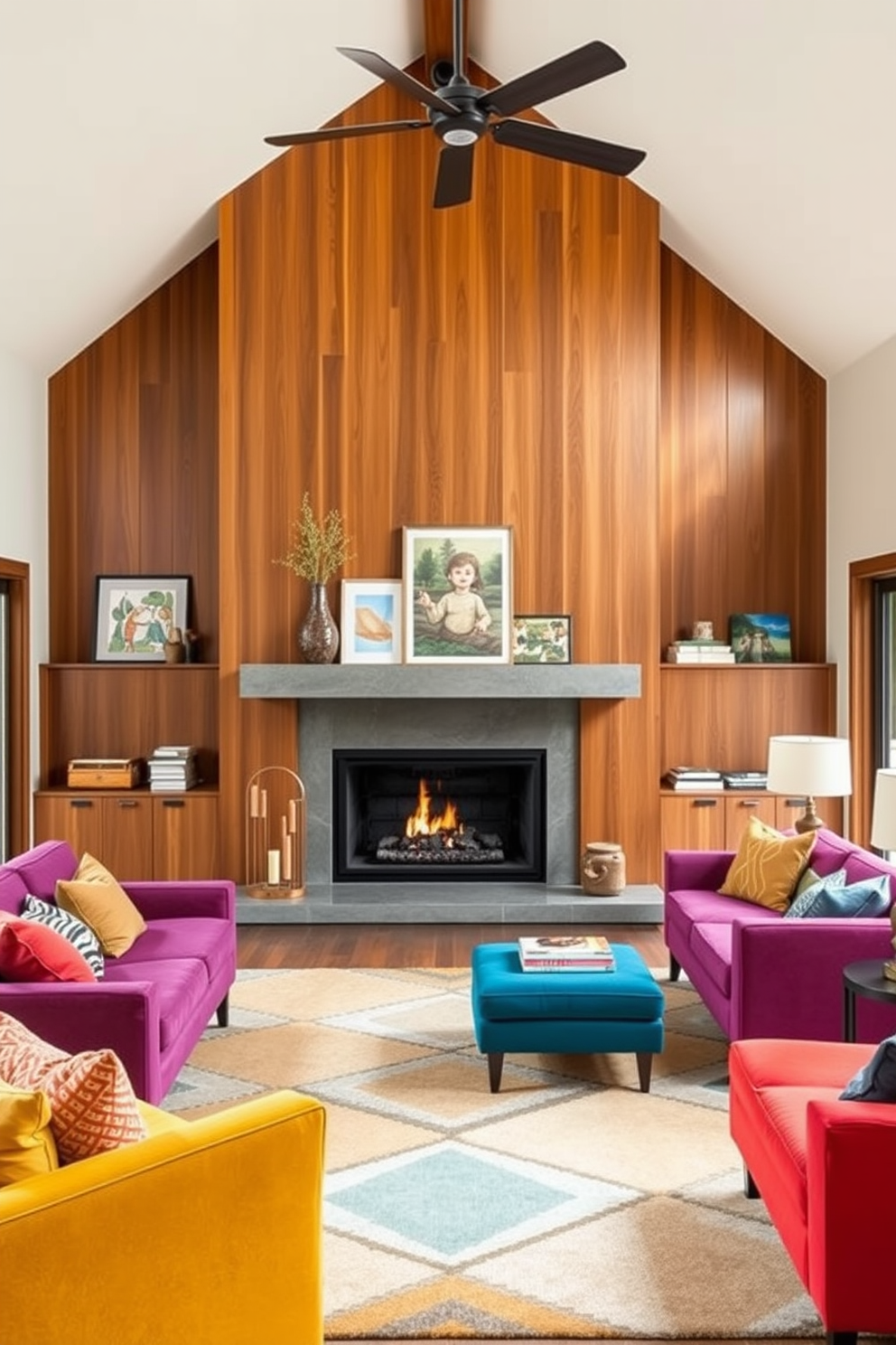 A Mid-Century Modern family room features a stunning statement fireplace that serves as the focal point of the space. The fireplace is surrounded by sleek wooden paneling and complemented by a stylish mantel adorned with carefully curated decor. The room is filled with comfortable, low-profile furniture in vibrant colors, arranged to encourage conversation. Large windows allow natural light to flood the space, highlighting the unique geometric patterns of the area rug beneath.