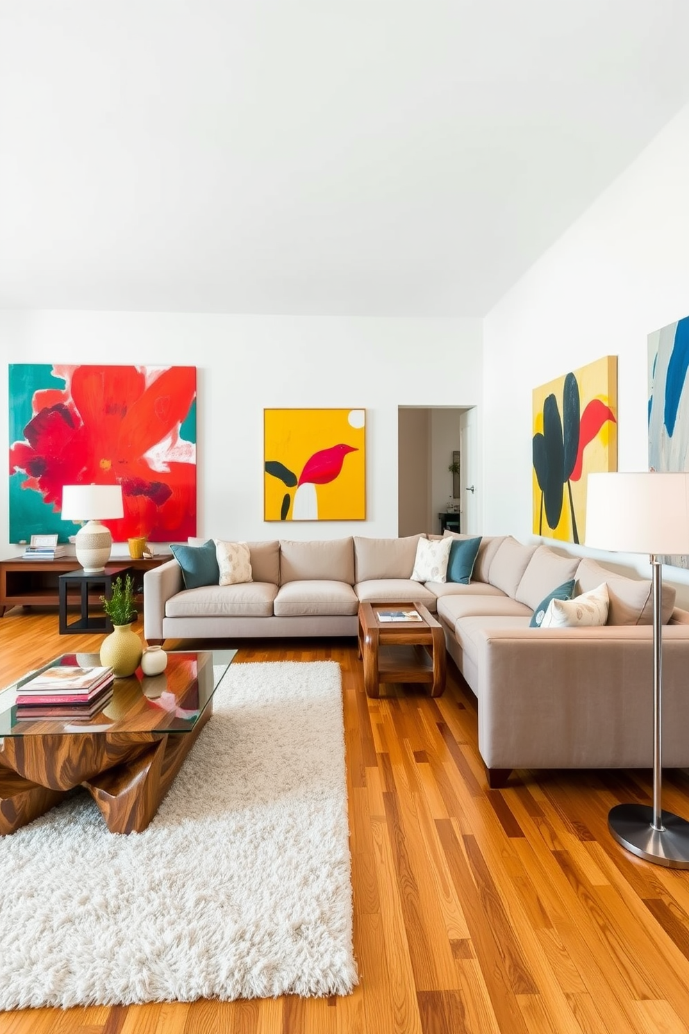 A spacious family room showcases large art pieces as focal points that draw the eye and create a vibrant atmosphere. The furniture features clean lines and organic shapes, with a plush sectional sofa in a neutral tone and a statement coffee table made of glass and wood. Brightly colored abstract paintings adorn the walls, complementing the warm wood tones of the flooring. A cozy area rug anchors the seating arrangement, while stylish floor lamps provide ambient lighting to enhance the inviting ambiance.