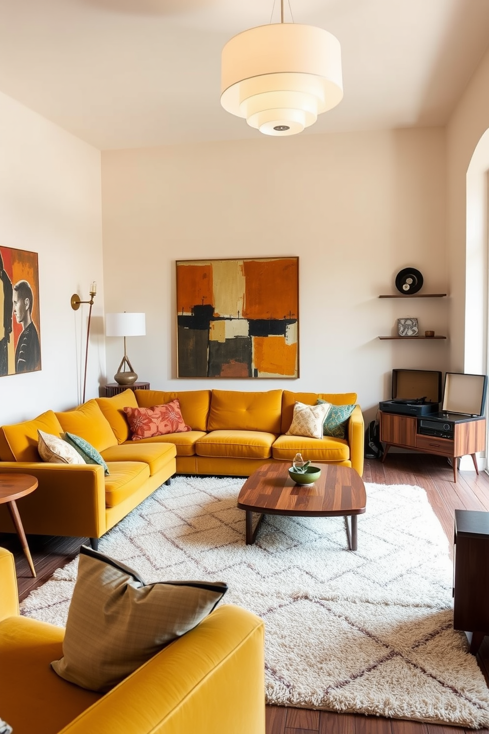 A Mid-Century Modern family room featuring a sleek sectional sofa in a rich mustard yellow fabric. The room is adorned with vintage-inspired lighting fixtures and a low-profile wooden coffee table, complemented by a retro record player in the corner. The walls are painted in a soft cream color, enhancing the warm tones of the furniture. A large abstract art piece hangs above the sofa, while a plush area rug with geometric patterns anchors the seating arrangement.