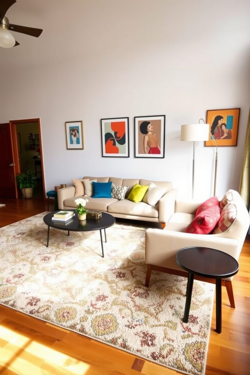 A personalized gallery wall showcases an array of family photos in various frames. The wall is painted in a soft neutral tone to enhance the visual impact of the images. The Mid-Century Modern family room features a sleek, low-profile sofa in a rich teal fabric. A geometric area rug anchors the space, complemented by a walnut coffee table and iconic accent chairs.