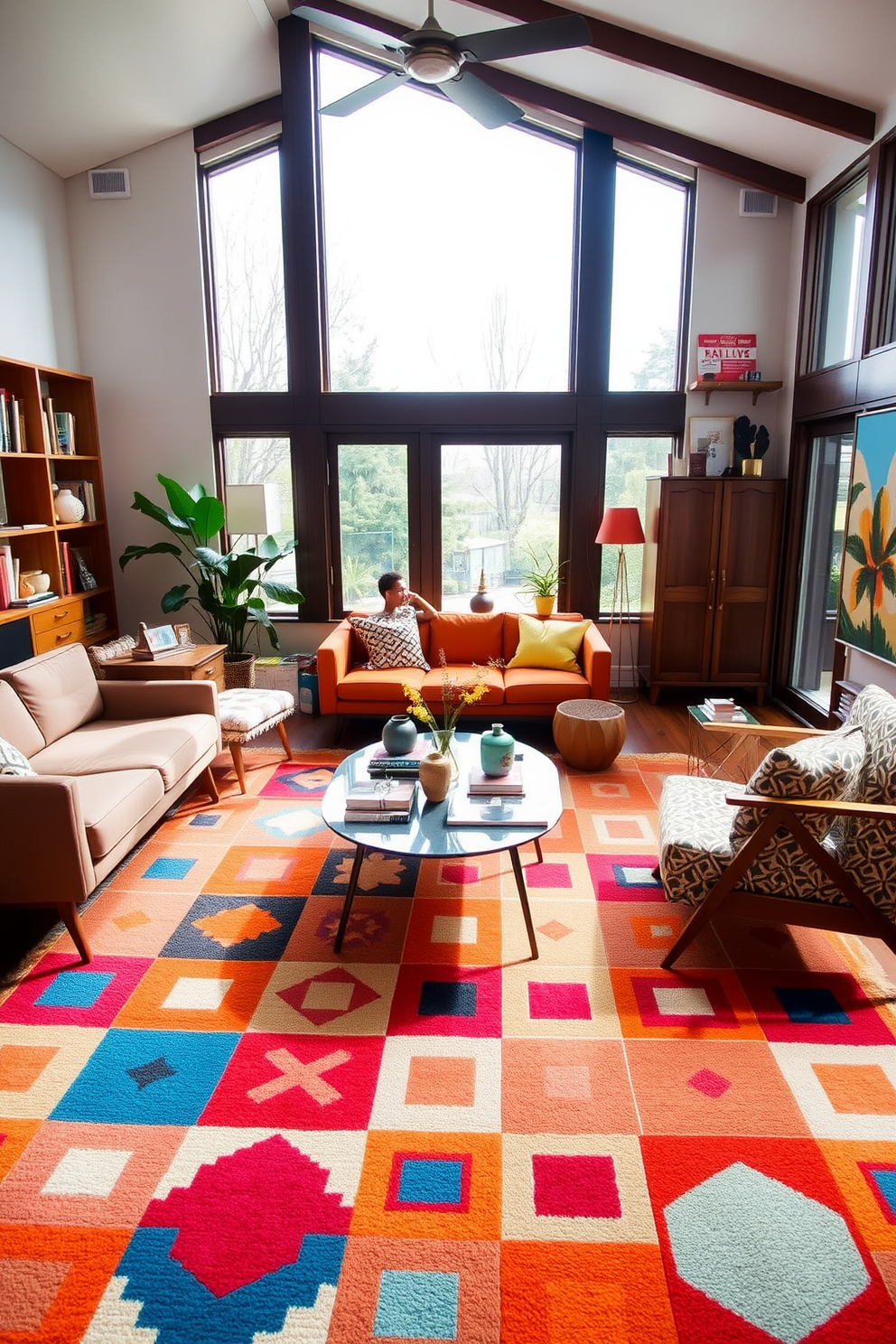 A Mid-Century Modern family room featuring a vibrant area rug adorned with geometric patterns. The furniture includes a sleek, low-profile sofa in a bold color and a set of accent chairs upholstered in playful, patterned fabric. Natural light floods the room through large windows, highlighting the rich wood tones of the furniture. A stylish coffee table sits at the center, surrounded by eclectic decor pieces that enhance the playful atmosphere.