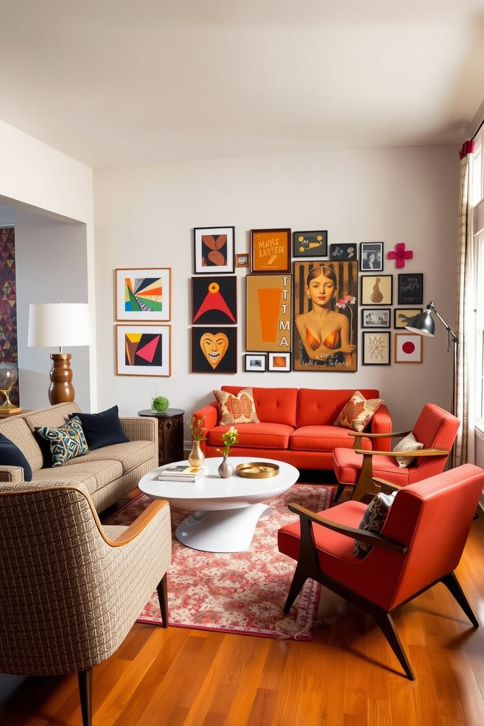 A cozy family room featuring retro furniture with sleek lines. The space includes a low-profile sofa in a vibrant fabric, paired with a sculptural coffee table and accent chairs that showcase iconic Mid-Century Modern design. The walls are adorned with bold geometric patterns, and a warm wood floor adds to the inviting atmosphere. A statement floor lamp and an eclectic gallery wall complete the look, creating a perfect blend of style and comfort.