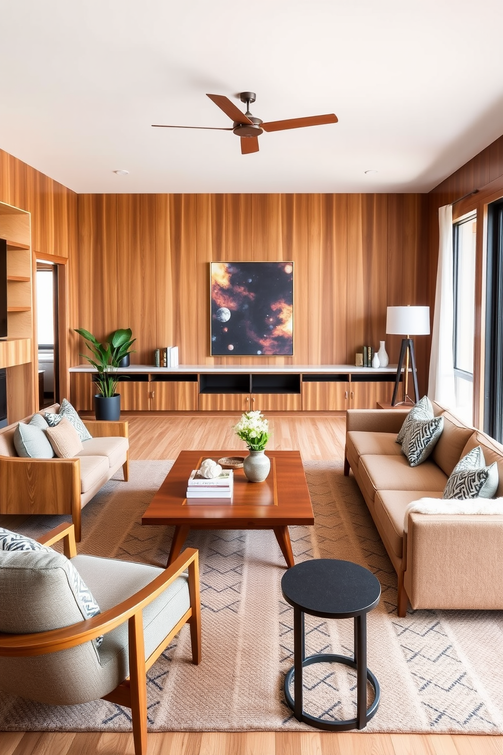 A Mid-Century Modern family room featuring natural wood finishes that create a warm and inviting atmosphere. The space includes a large sectional sofa with clean lines, complemented by a wooden coffee table and stylish accent chairs.