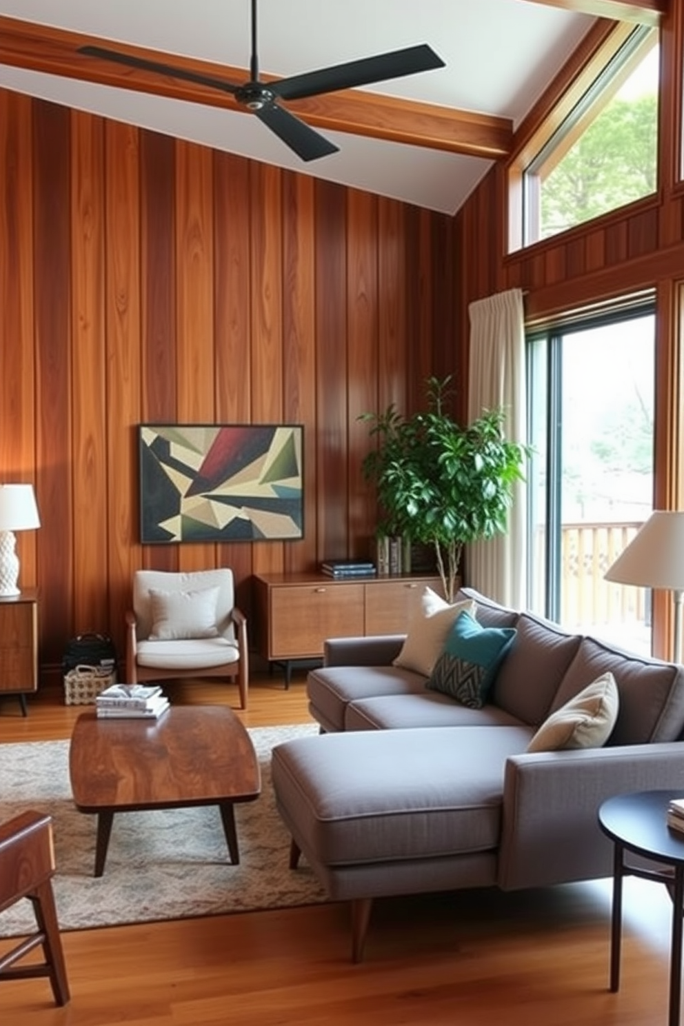 A cozy family room featuring rich wood paneling that adds warmth and texture to the space. The furniture is a blend of Mid-Century Modern pieces, including a sleek sofa with tapered legs and a stylish coffee table made of walnut.