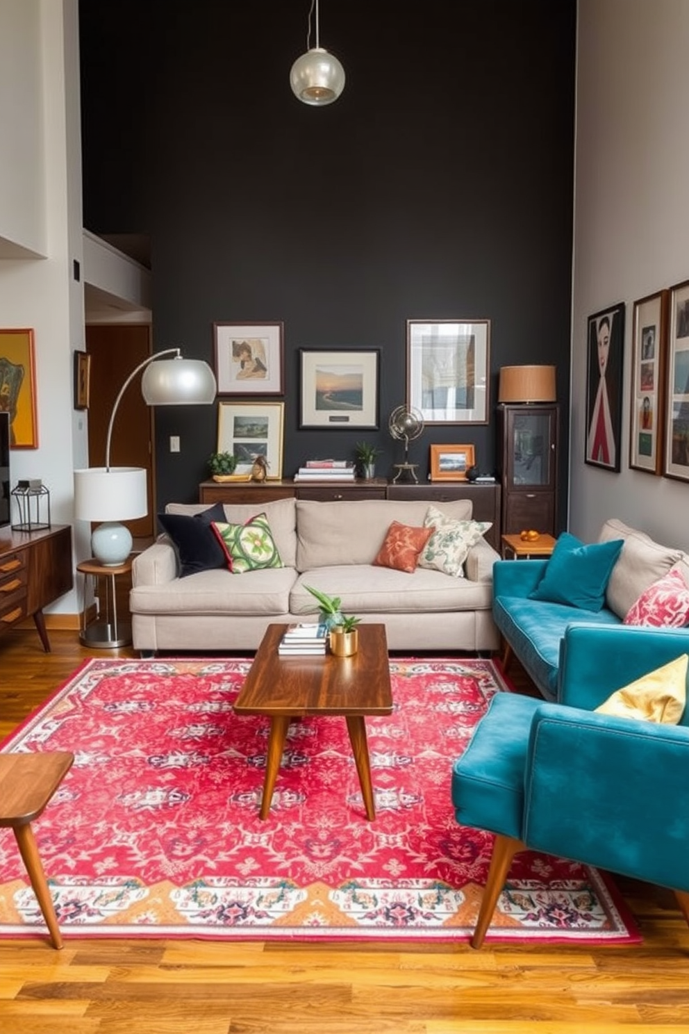 A stylish family room that blends vintage and contemporary decor. The space features a plush sectional sofa in a neutral fabric paired with a vintage wooden coffee table adorned with a colorful area rug. Mid-Century Modern furniture pieces are strategically placed throughout the room. A statement floor lamp with a sleek design illuminates the space, while framed artwork adds character to the walls.