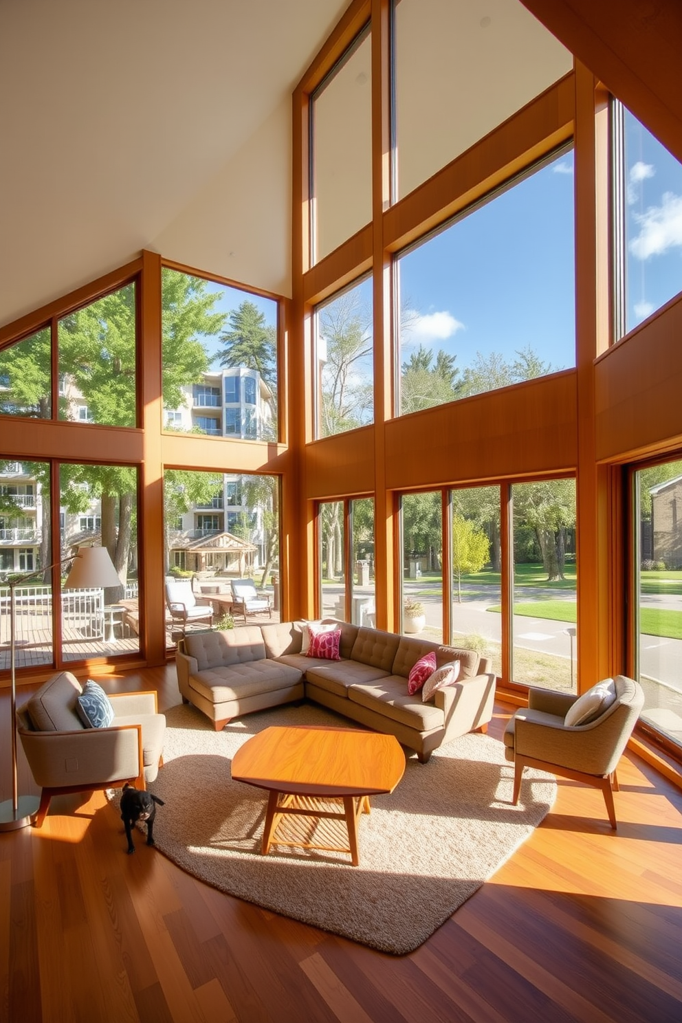 A spacious family room featuring large windows that allow abundant natural light to flood the space. The room is designed in a Mid-Century Modern style with clean lines, organic shapes, and a warm color palette. A comfortable sectional sofa is placed in the center, complemented by a sleek wooden coffee table. On one side, a stylish armchair and a floor lamp create a cozy reading nook.