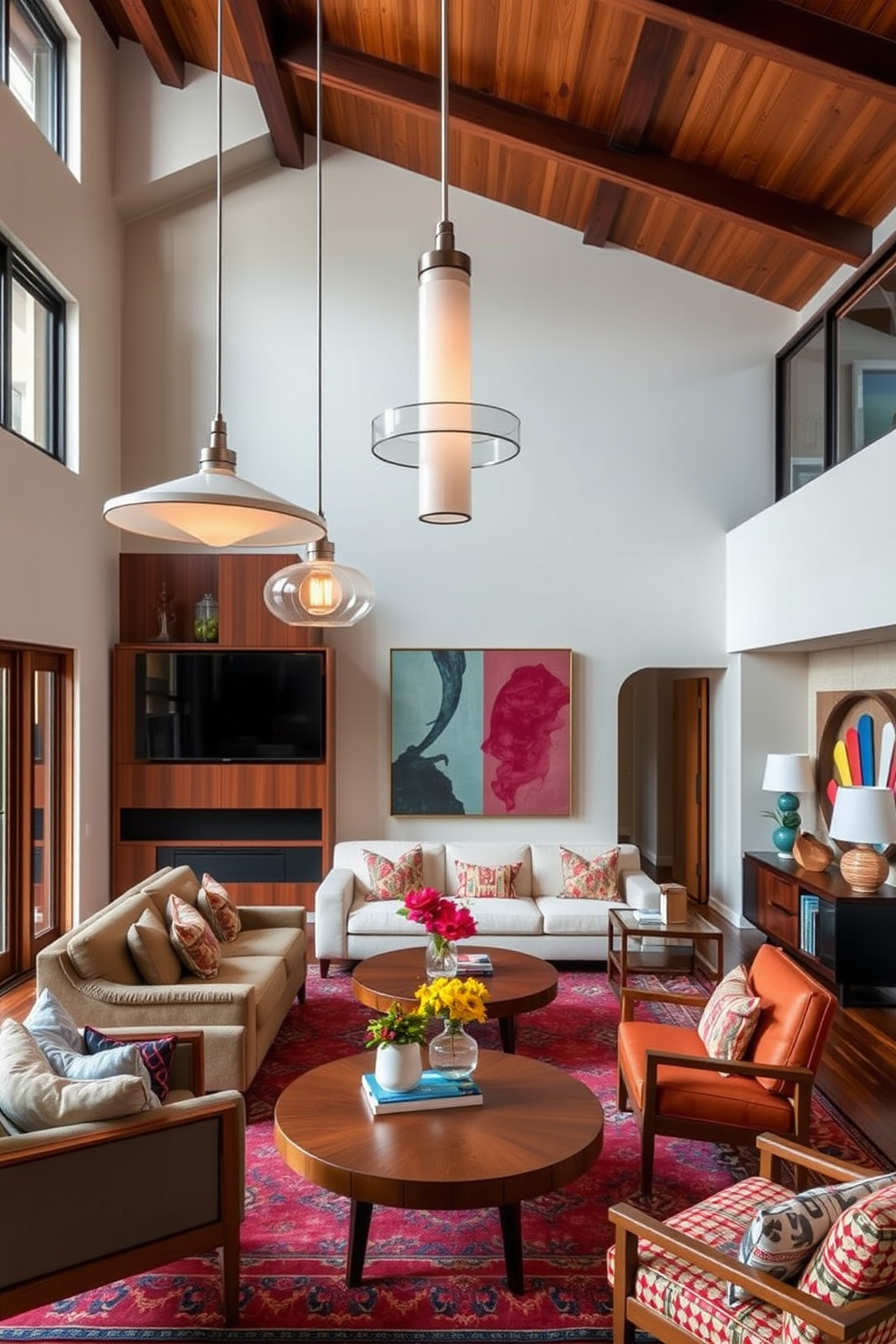 A Mid-Century Modern family room featuring statement lighting fixtures such as stylish pendant lamps hanging from a high ceiling. The room is adorned with a mix of rich wood tones and vibrant textiles, creating a warm and inviting atmosphere.