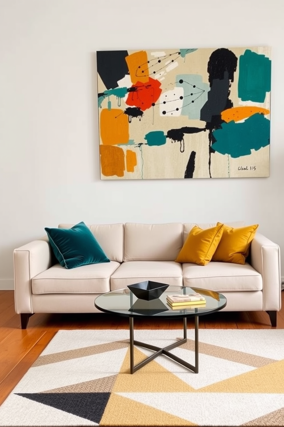 A Mid-Century Modern family room featuring a neutral color palette complemented by pops of vibrant color. The room includes a sleek, low-profile sofa in a soft beige fabric, accented with bright throw pillows in shades of teal and mustard. A large, abstract artwork hangs on the wall, incorporating various hues to tie the room together. The flooring is a warm wood, and a stylish coffee table with a glass top sits on a geometric patterned area rug.