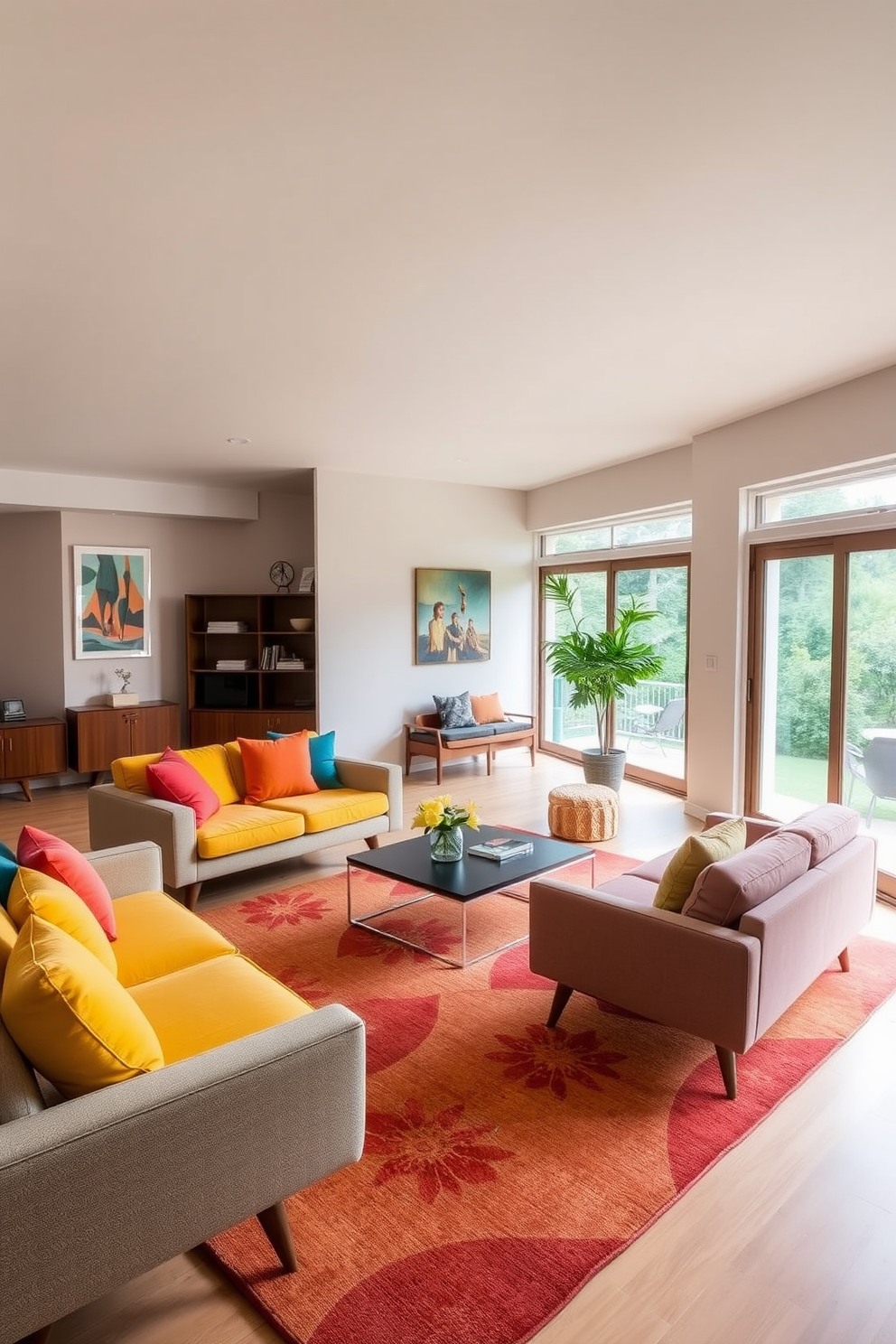 A stylish family room featuring low-profile sofas adorned with bright cushions in vibrant colors. The space is complemented by a sleek coffee table and a large area rug that ties the room together. The walls are painted in a soft neutral tone to enhance the Mid-Century Modern aesthetic. Large windows allow natural light to flood the room, highlighting the clean lines and functional furniture pieces.