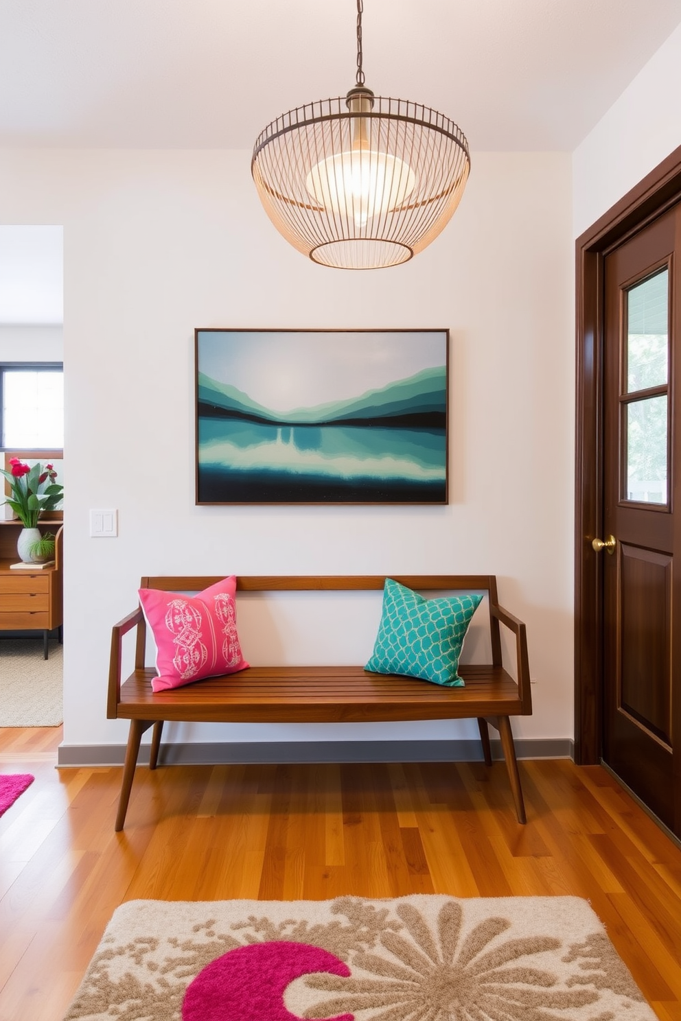 A welcoming foyer featuring open shelving adorned with colorful decor accents that add vibrancy to the space. The Mid Century Modern design elements include clean lines, warm wood tones, and a geometric patterned rug that ties the room together.