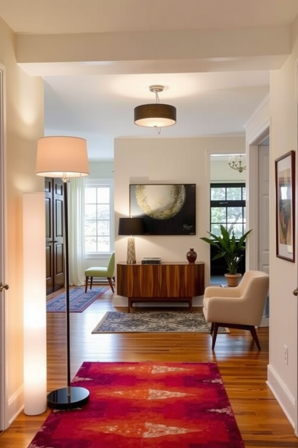 A stylish foyer featuring a neutral color palette complemented by pops of vibrant colors. The space includes a sleek console table with a colorful abstract vase and a statement mirror above it. The walls are adorned with warm beige tones, creating a welcoming atmosphere. A geometric patterned rug lies on the floor, adding texture and interest to the entryway.