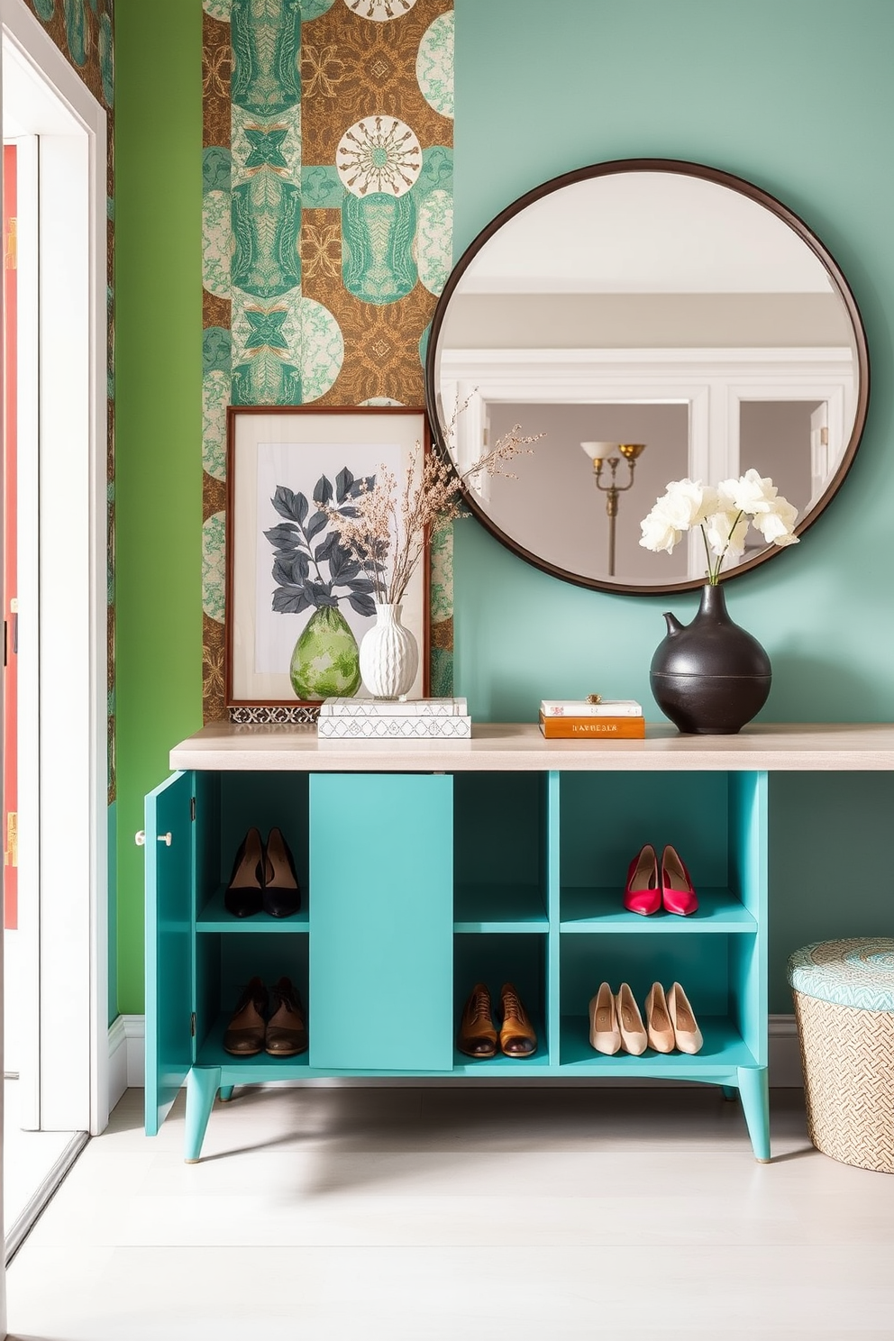 A stunning foyer featuring unique ceramic vases as focal points. The vases are displayed on a sleek console table made of rich walnut wood against a backdrop of soft neutral walls. Incorporate geometric patterns in the area rug to enhance the Mid Century Modern aesthetic. The lighting fixtures are bold and sculptural, adding an artistic touch to the space.