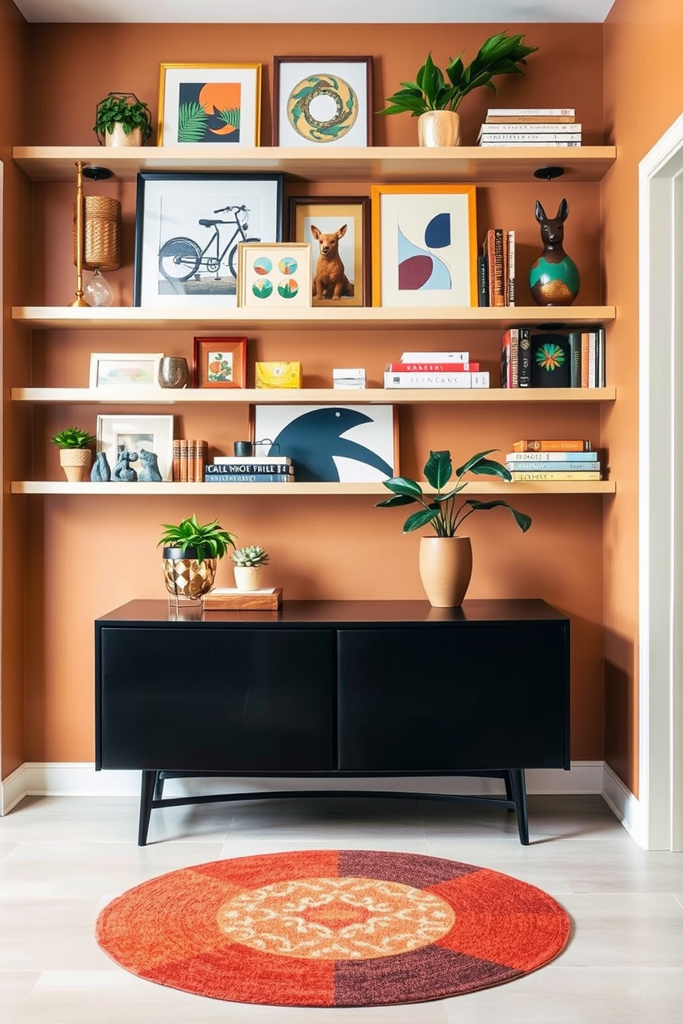 A warm and inviting foyer featuring natural wood tones that create a cozy atmosphere. The space includes a sleek wooden console table against the wall, complemented by a large round mirror above it. A plush area rug in earthy tones lies beneath the console, adding texture and warmth. Mid-century modern accents are incorporated through stylish lighting fixtures and a couple of vibrant potted plants flanking the entrance.