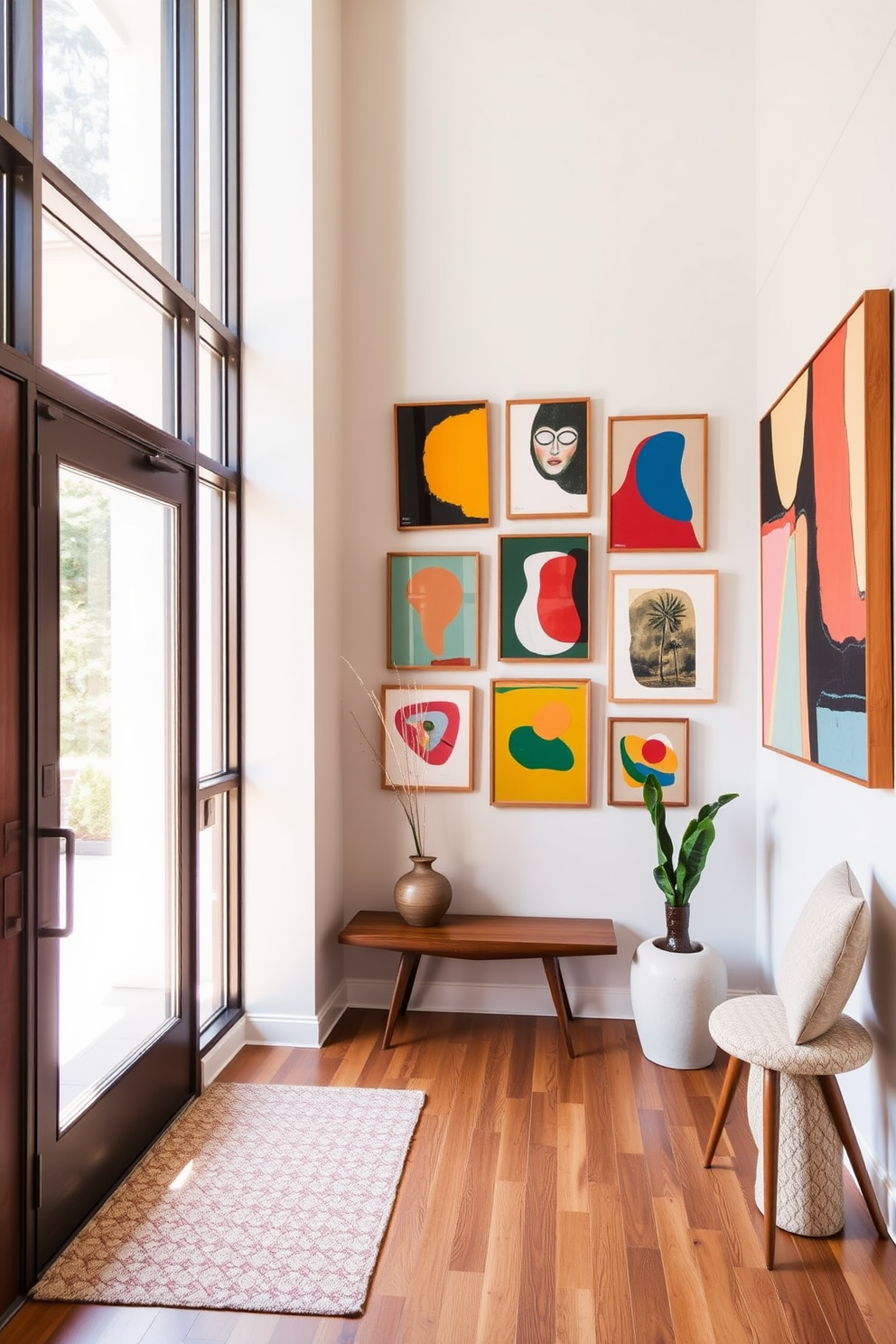 A sculptural side table made of organic shapes and rich materials sits elegantly in the foyer. The space features a blend of mid-century modern elements with warm wood tones and bold accent colors, creating a welcoming atmosphere.