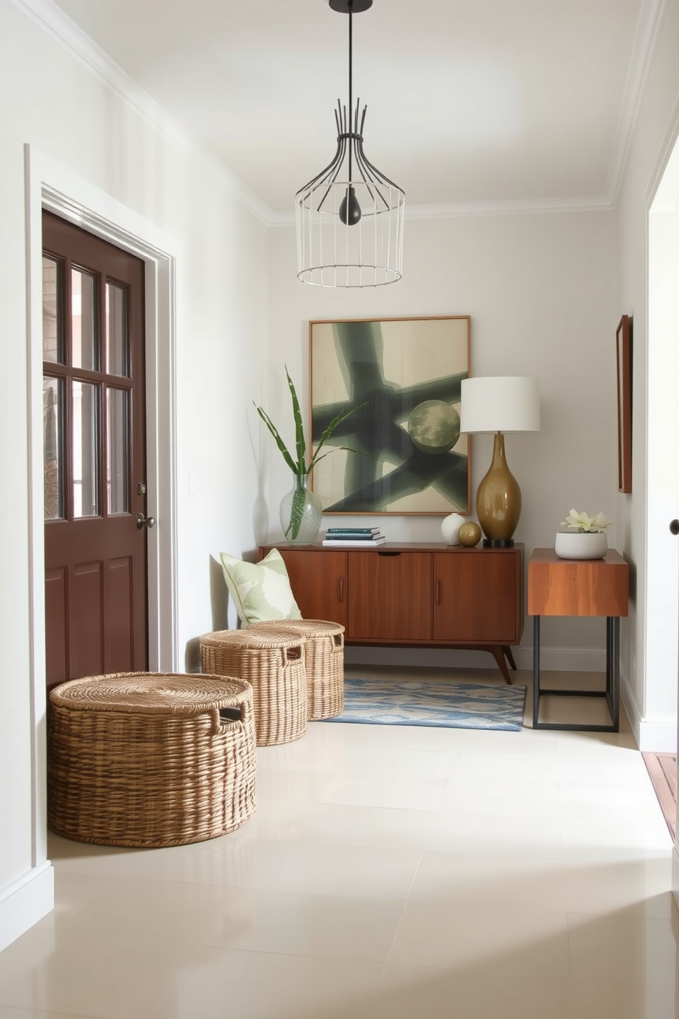 A stylish foyer featuring curved furniture that creates a softer and inviting atmosphere. The space includes a plush curved sofa in a warm neutral fabric, complemented by a round coffee table with a glass top and elegant brass legs. The walls are adorned with abstract art in soft pastel colors, enhancing the Mid Century Modern aesthetic. A statement light fixture with a sculptural design hangs above, casting a warm glow over the area.