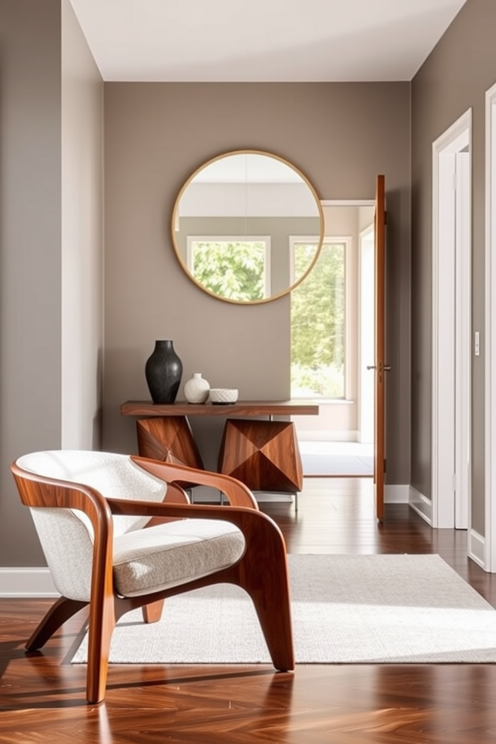 A bright and airy foyer features floating shelves that create a clean aesthetic, showcasing carefully curated decor items. The walls are painted in a soft white, allowing natural light to enhance the warm wood tones of the shelves. Incorporating Mid Century Modern elements, the foyer includes a statement light fixture with a geometric design. A sleek console table with tapered legs sits below the shelves, providing a functional space for personal items and decorative accents.