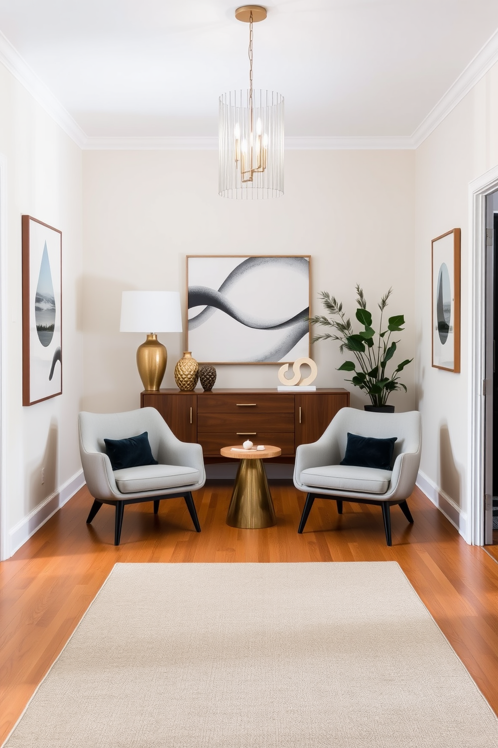 A stunning foyer featuring a geometric patterned area rug that adds warmth and texture to the space. The walls are adorned with sleek, minimalist art pieces, and a stylish console table sits against one side, complementing the Mid Century Modern aesthetic.