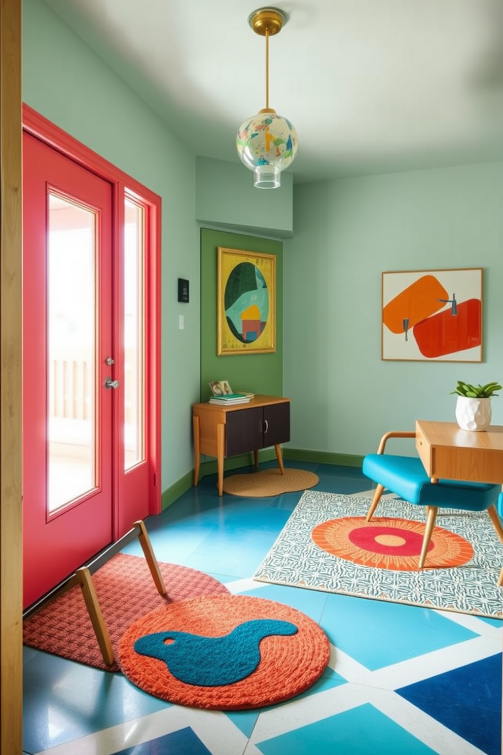 A striking statement clock serves as a focal point in the foyer, embodying the essence of Mid Century Modern design. The space features clean lines and organic shapes, with a minimalist console table beneath the clock, adorned with decorative objects. Warm wood tones and bold colors create an inviting atmosphere, while geometric patterns on the rug add visual interest. Large windows allow natural light to flood the area, enhancing the overall aesthetic of the foyer.