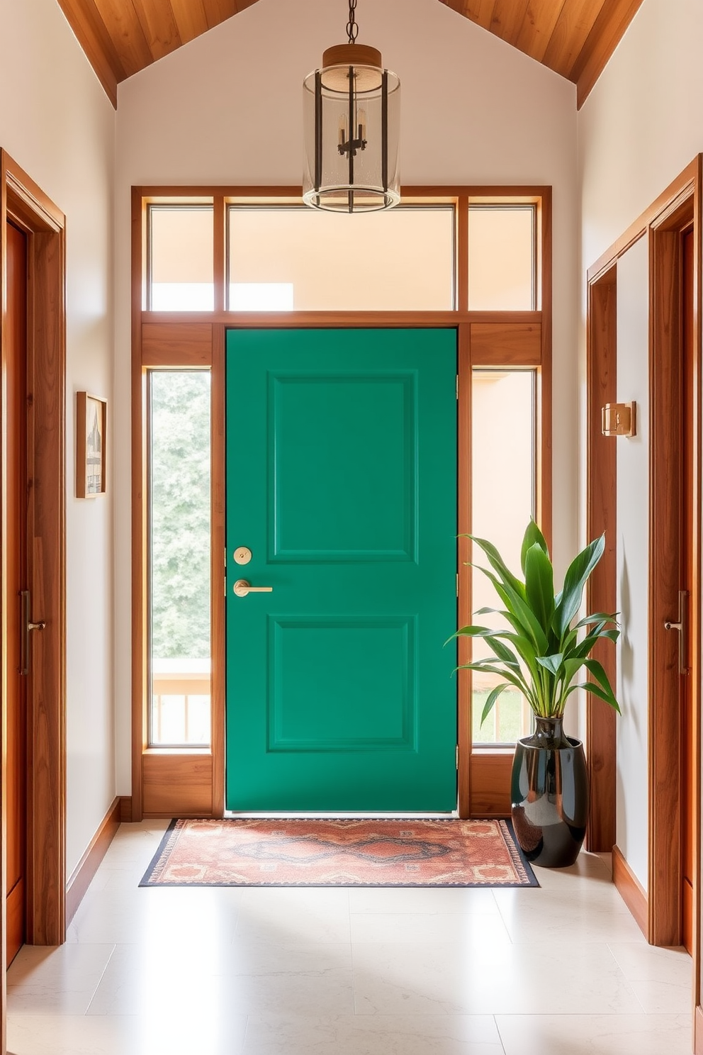 A Mid Century Modern foyer featuring artisan-crafted items that add unique touches. The space includes a sleek console table made of walnut, adorned with a geometric vase and a vintage lamp, while a colorful area rug anchors the room.