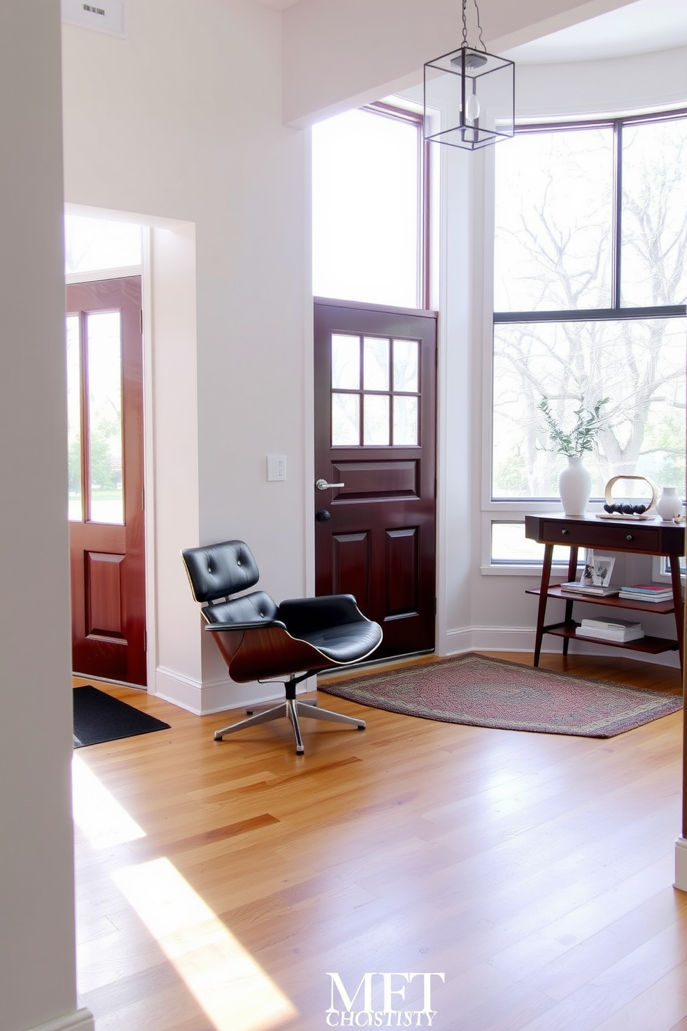 A Mid Century Modern foyer features a blend of natural wood and sleek lines. The space is illuminated with layered lighting, including a statement pendant light and wall sconces that create depth and ambiance.