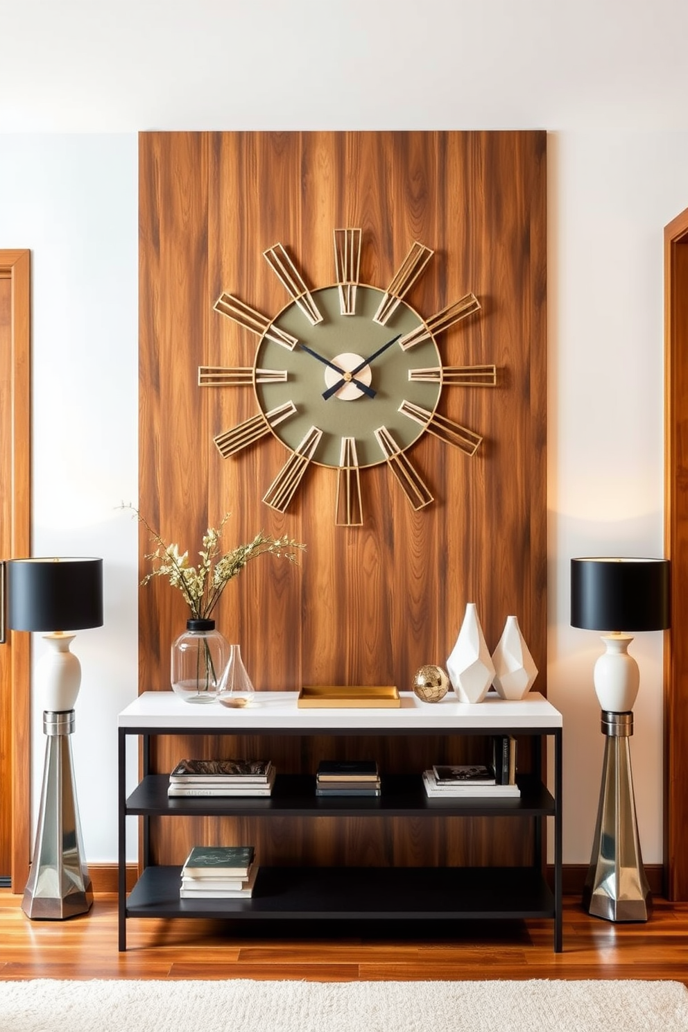 A welcoming foyer featuring rustic wooden beams that add architectural interest. The space is adorned with Mid Century Modern furniture including a sleek console table and a bold, colorful area rug.