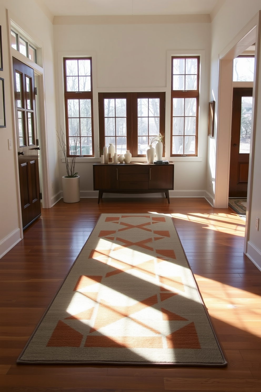 A welcoming foyer adorned with framed vintage posters that evoke nostalgia. The space features a sleek console table with a geometric design, complemented by a stylish mid-century modern chair. The walls are painted in a warm neutral tone, enhancing the charm of the vintage artwork. A patterned area rug lies beneath the console table, adding texture and warmth to the entrance.