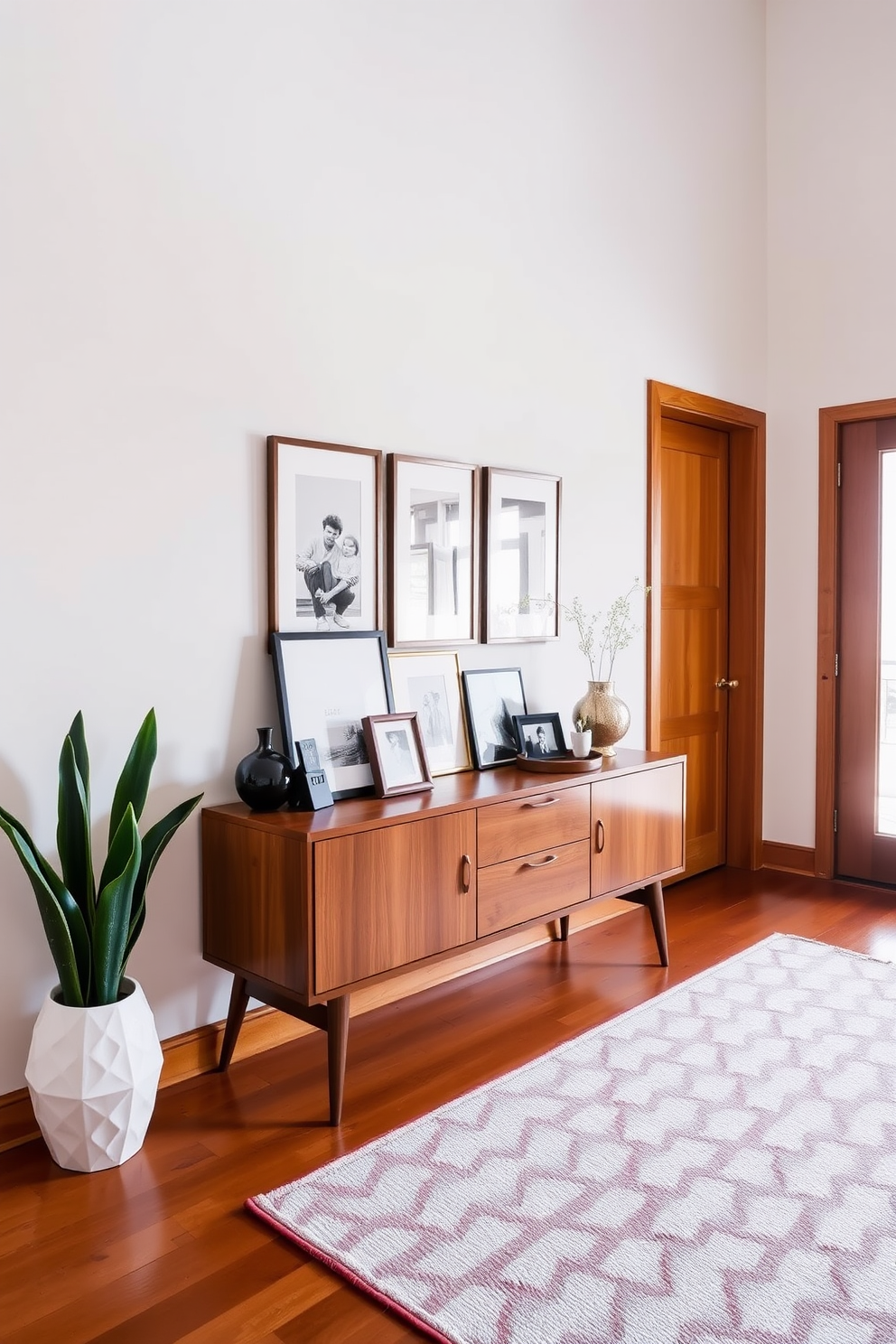 A stylish foyer featuring decorative baskets for organized storage. The space showcases Mid Century Modern design elements with clean lines and a warm color palette.