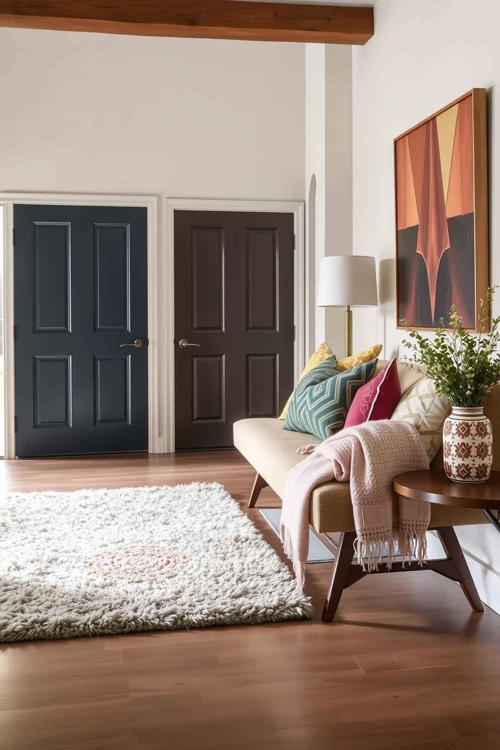 A spacious foyer features translucent room dividers that create an open and airy atmosphere. The dividers allow natural light to flow through while maintaining a sense of separation from the adjacent living areas. The design incorporates Mid Century Modern elements with sleek lines and organic shapes. A statement lighting fixture hangs above, complemented by a minimalist console table and vibrant artwork on the walls.