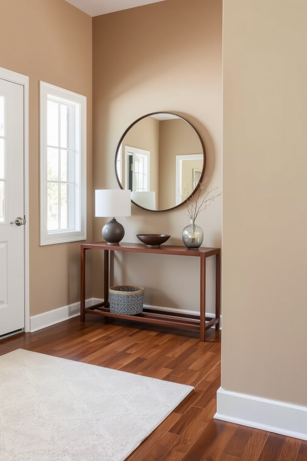 A Mid Century Modern foyer features sleek lines and organic shapes that create a warm and inviting atmosphere. The space is illuminated by soft area lighting that casts a welcoming glow on the rich wooden accents and vibrant artwork adorning the walls.