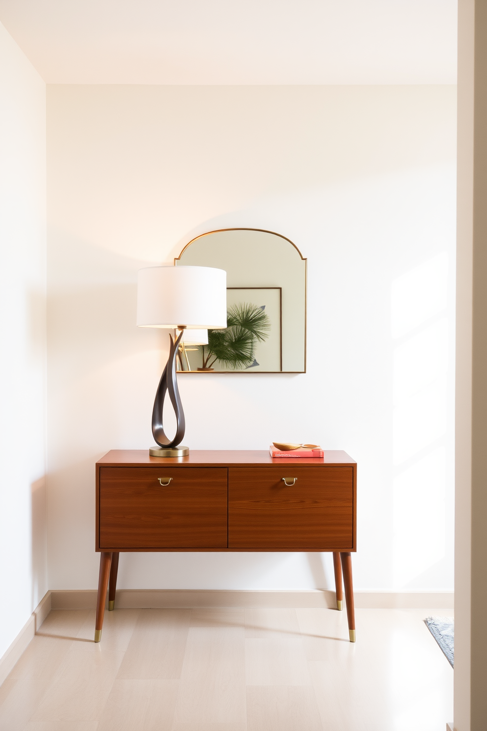 A classic Eames chair is featured prominently in a Mid Century Modern foyer. The chair is upholstered in vibrant colors that contrast beautifully with the warm wood tones of the surrounding space. The foyer showcases a geometric patterned rug that adds depth and character. A sleek console table with decorative accents complements the chair, creating an inviting entryway atmosphere.