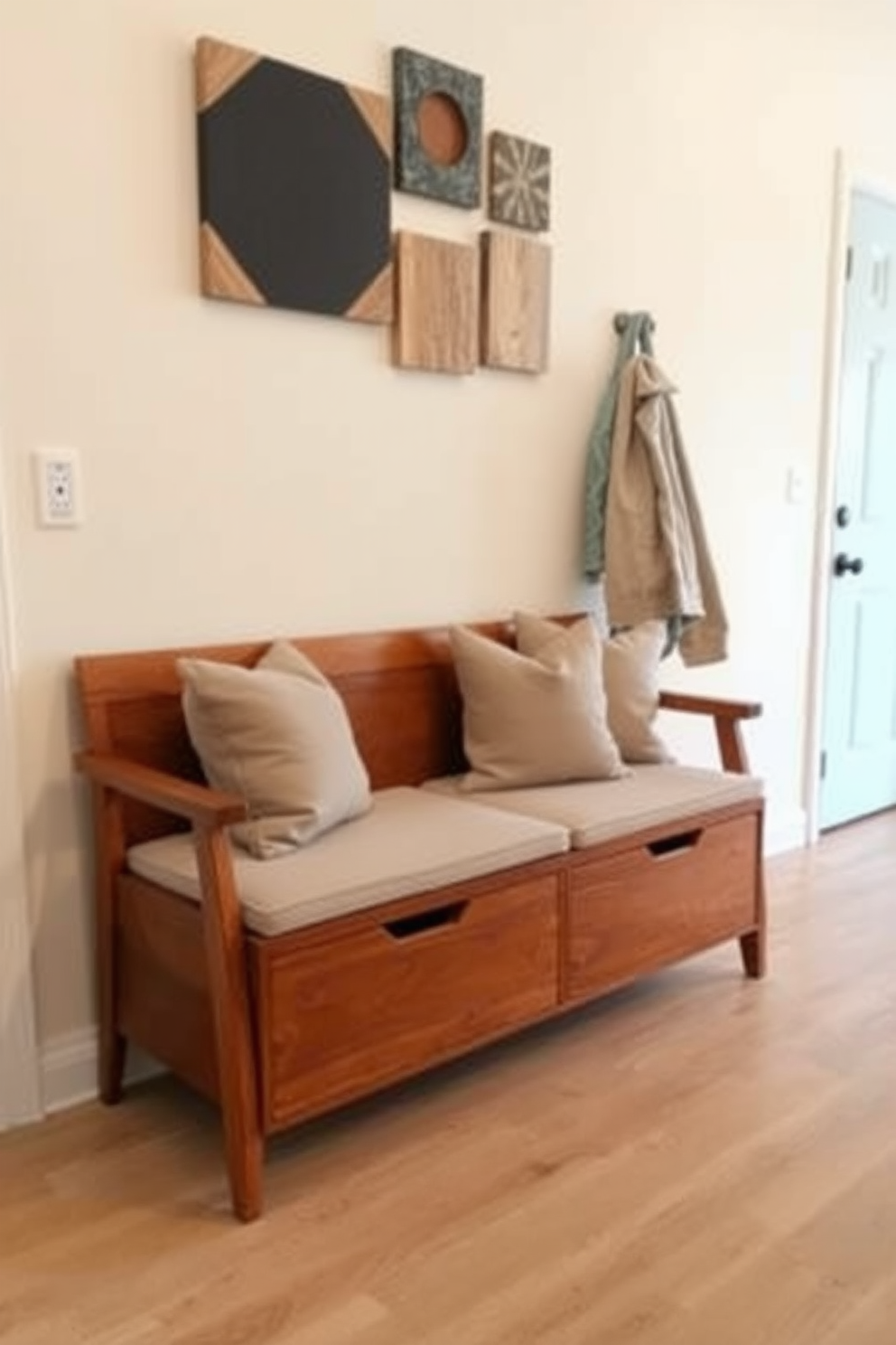 A stylish entry mat with geometric designs welcomes guests into a Mid Century Modern foyer. The space features clean lines, warm wood tones, and vibrant pops of color that reflect the iconic design aesthetics of the era.