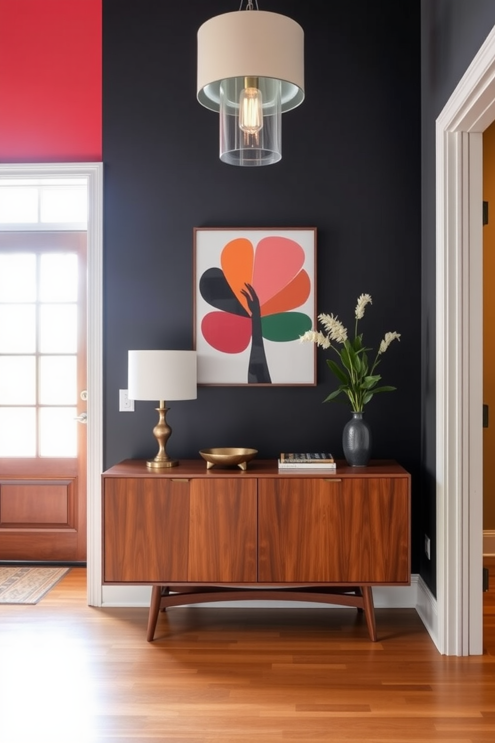 A wooden console table with sleek lines sits against the wall, showcasing its elegant design. The foyer features warm lighting that highlights the rich wood grain and complements the Mid Century Modern aesthetic.