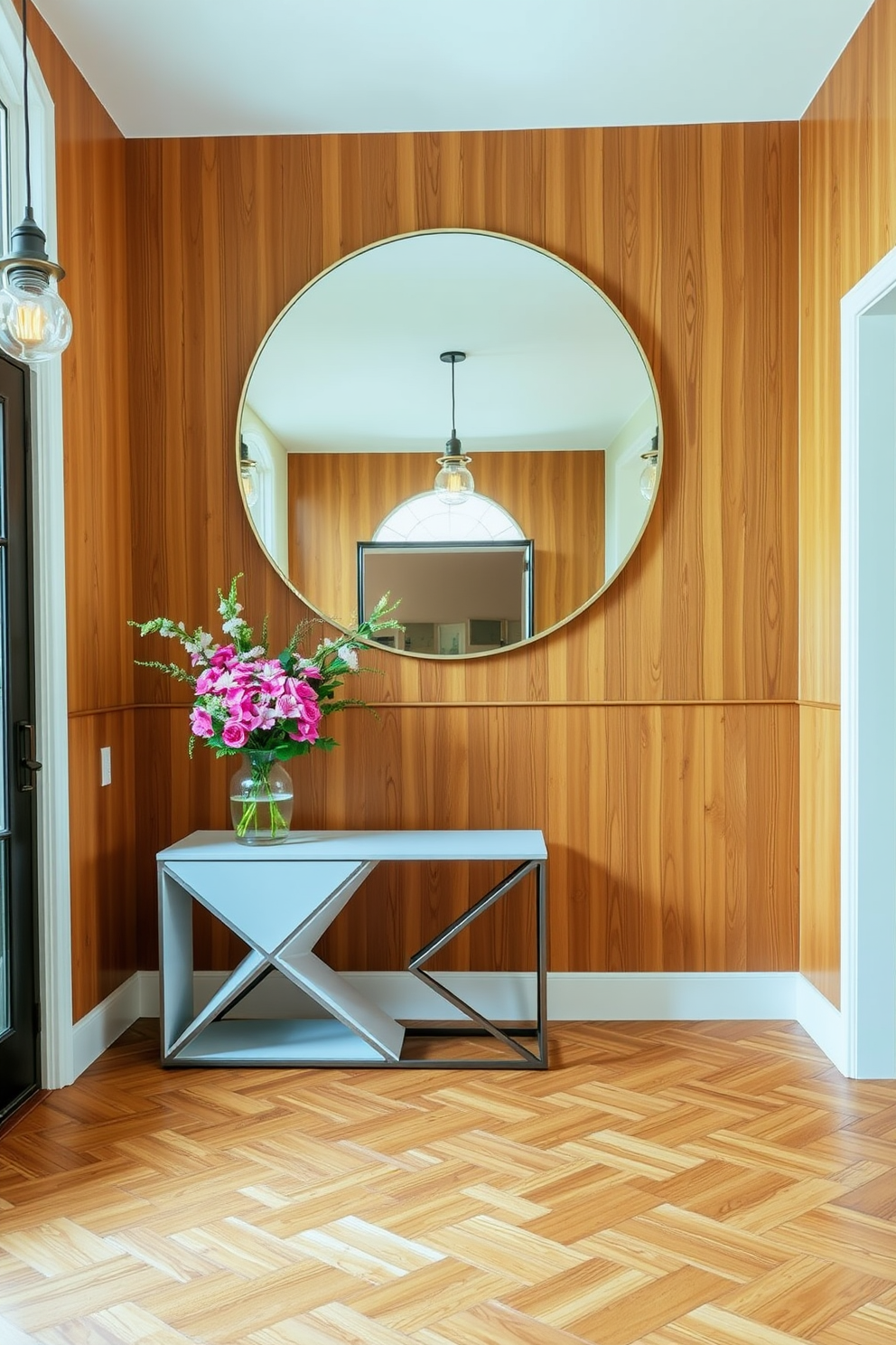 A Mid Century Modern foyer features clean lines and organic shapes with a statement console table made of rich wood. Flanking the entrance, tall indoor plants add a touch of nature and freshness, enhancing the inviting atmosphere. The walls are adorned with abstract art pieces that reflect the era's vibrant color palette. A stylish pendant light hangs above, casting warm illumination on the space and highlighting the design elements.