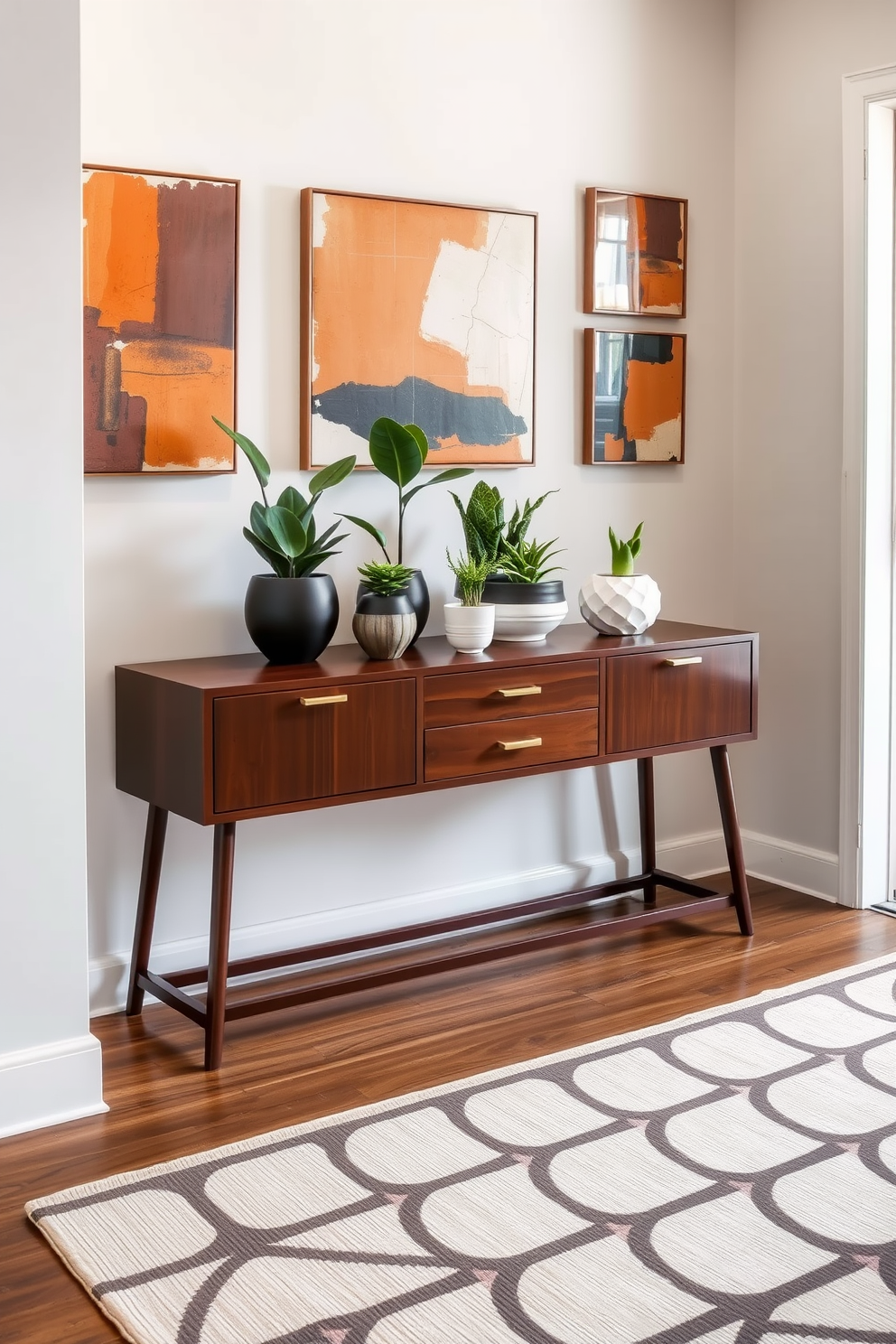 A stylish foyer featuring retro light fixtures that combine vintage charm with a modern twist. The space is adorned with a sleek console table, and a vibrant area rug adds a pop of color to the polished hardwood floor. The walls are painted in a warm neutral tone to enhance the inviting atmosphere. A large round mirror hangs above the console table, reflecting the unique light fixtures and creating a sense of depth in the room.